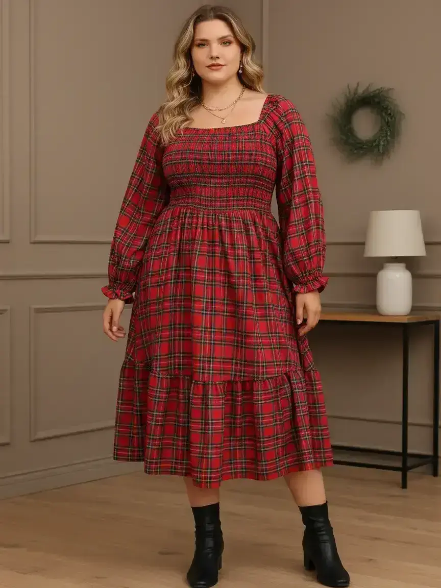 Christmas Plus Size Plaid Long Sleeve Dress for Women, Casual Loose-Fitting A-Line Dress, Fall & Winter Fashion, Comfortable Daily Wear, Casual Boho Chic, Boho Bohemian Style, Boho Fashion Dress
