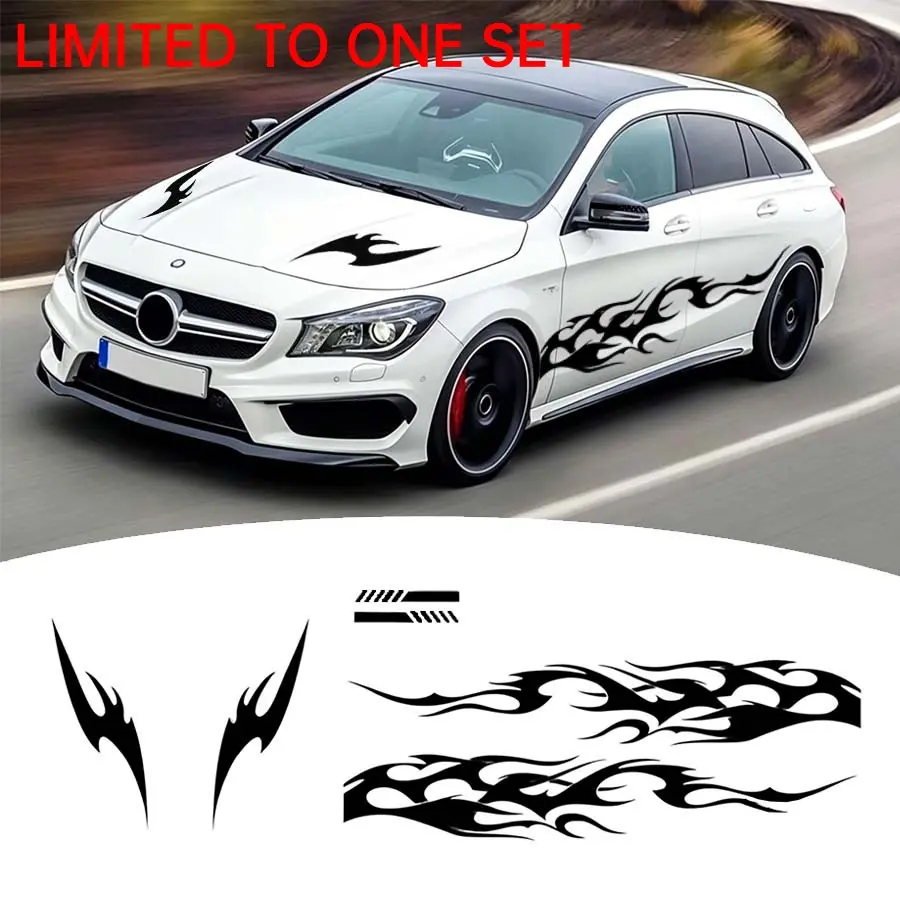 6PCS/1 Set Flame Totem Car Body Decals, Automotive Decals, Decal For Cars, Automobile Decals, Hood and Side Door Combo Stickers, Waterproof and Scratch-Resistant Decorative Stickers, Sporty Car Body Modification Stickers