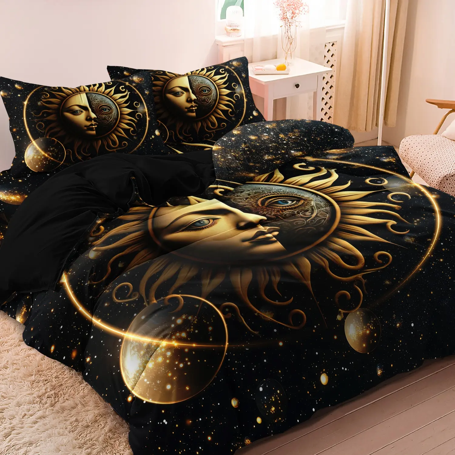 3Pcs Cosmic Galaxy Sun Moon Face Print Duvet Cover Bedding Set, Decorative Duvet Cover Sets, Black Star Sky Golden Planet Celestial Astrology Pattern Bedding, Machine Washable Soft Breathable Linen (1 Duvet Cover + 2 Pillowcases, No Comforter No Pillow)