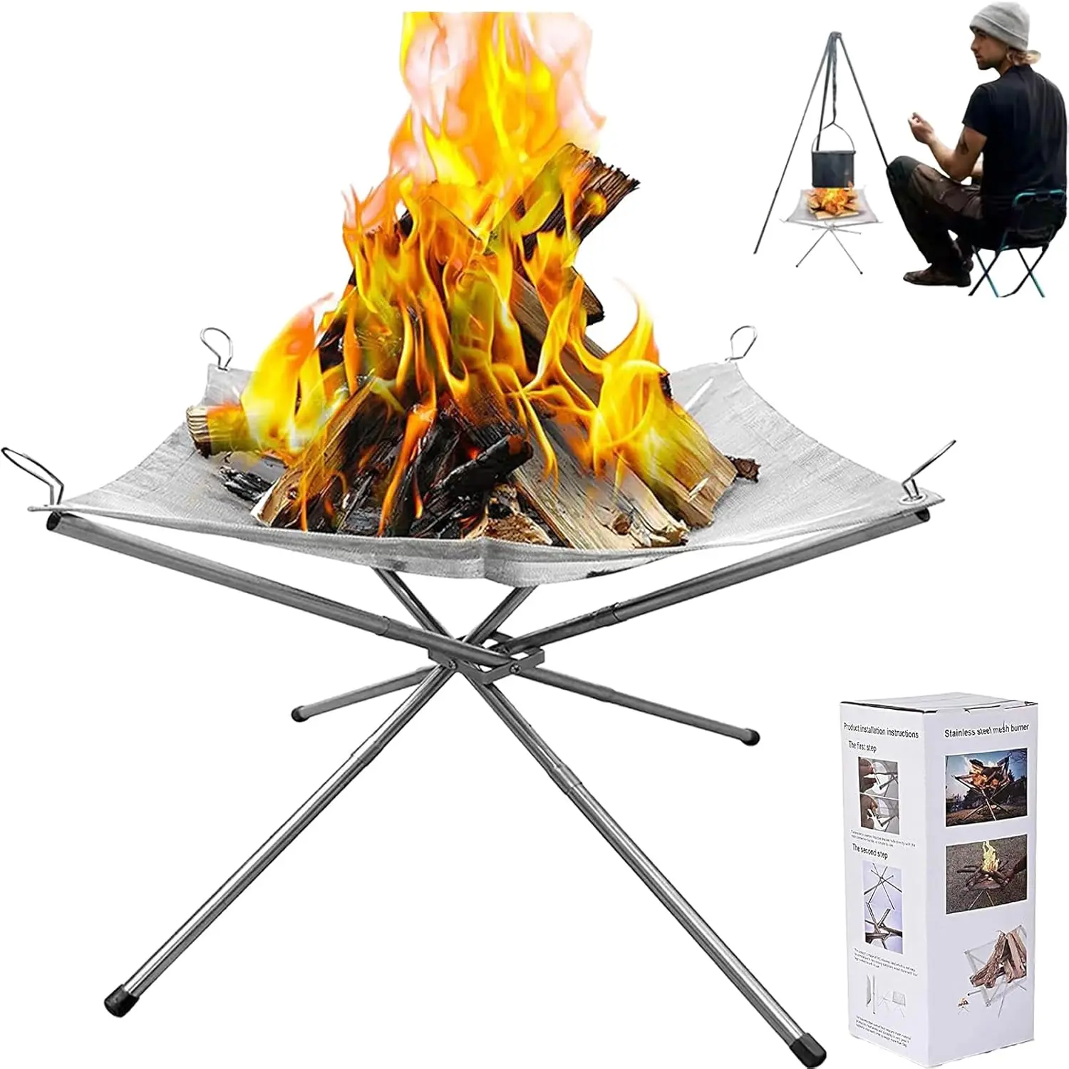 Portable Fire Pit for Camping 22Inch Collapsible Fire Pit Stainless Steel Mesh Firepit for BBQ Heating Bonfire Barbecue Patio Backyard Garden Carrying Bag Included