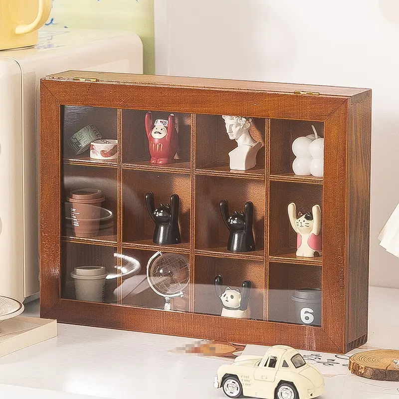 Vintage Multi-Compartment Decorative Collectible Wooden Display Box Organiser, Decor Organizer, Real Wood Showcase Cabinet, Small Figurine Badge Doll Dustproof Storage Ornament, Collector Box, Dustproof Organizers, Storage Boxes