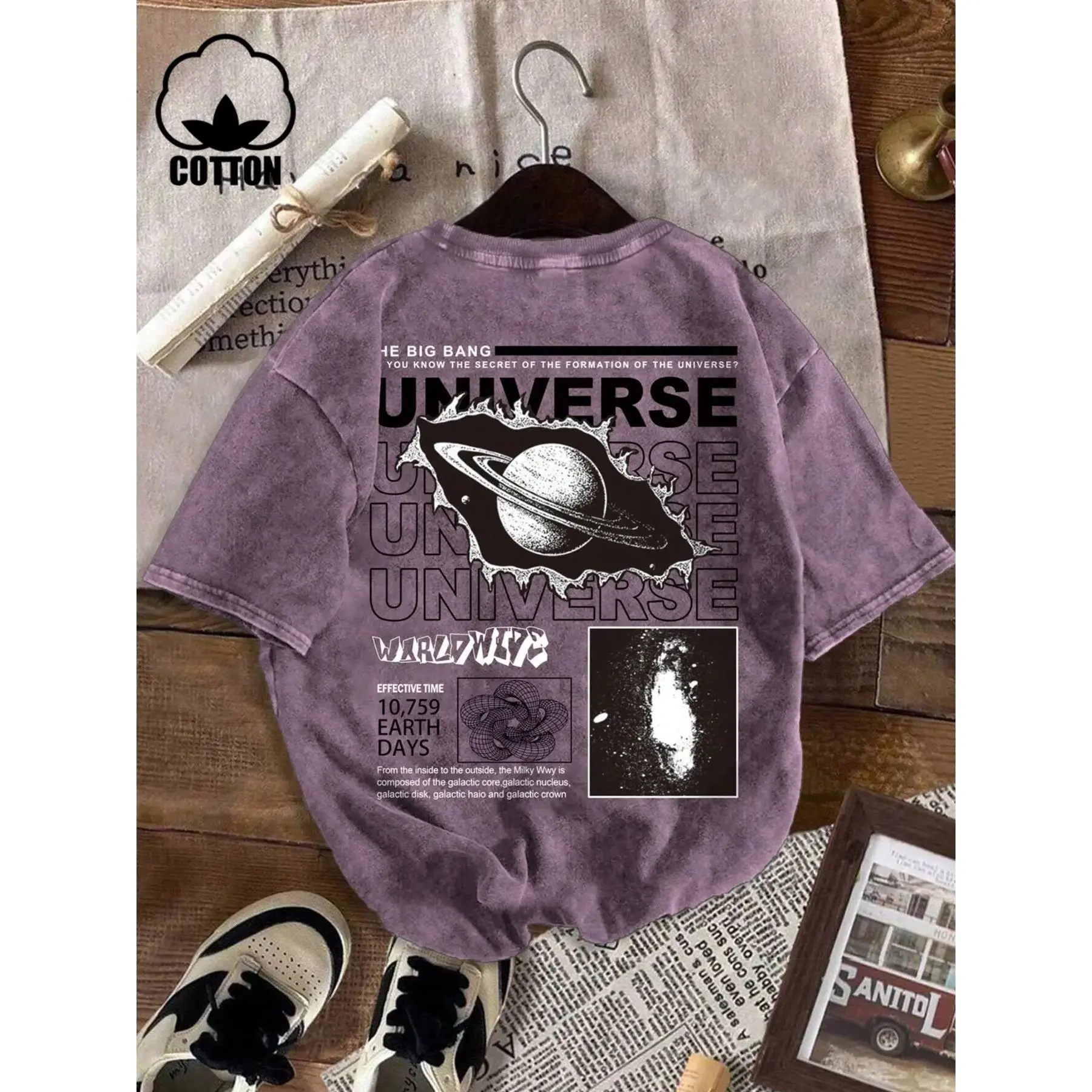 Women's Short-Sleeve Cotton Round Neck Graphic Print T-Shirt - Cosmic Theme, American Vintage Style, Fitted Cut, H-Type Silhouette, Year-Round Casual Wear, Machine Washable, Short Length, Standard Sizes, 2XL, Year-Round Wear