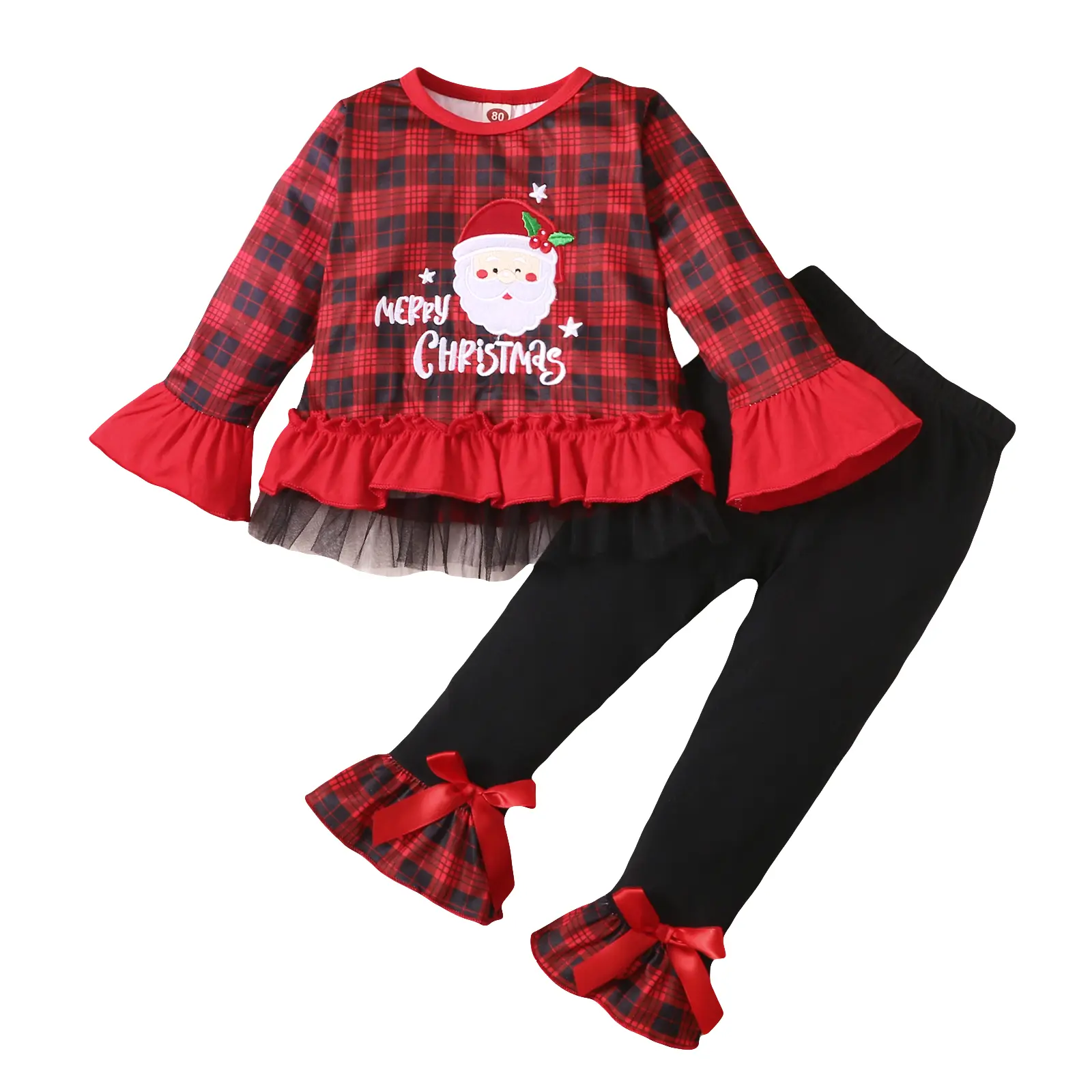 Girls Christmas T Shirt and Pants Set Print Long Sleeve Top with Plaid Ruffle Pants Cute Holiday Outfit