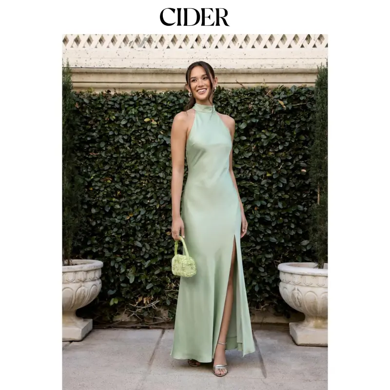 Cider Satin Halter Neck Wrap High Rise Mermaid Maxi Dress