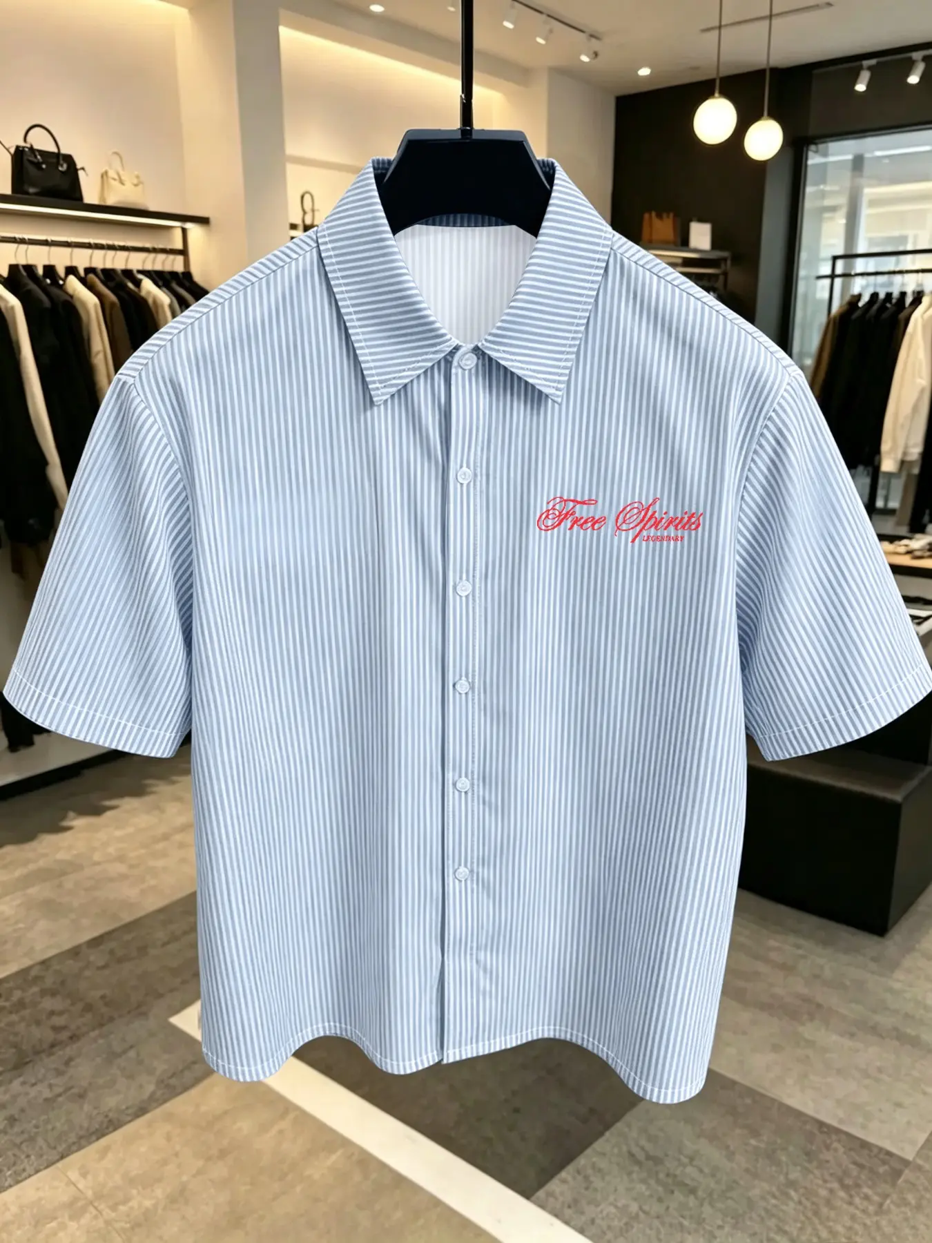 Men's Blue Striped Embroidered Short Sleeve Shirt, Loose Fit, Ice Silk Fabric, Casual Office Wear, Perfect for Dates and Work