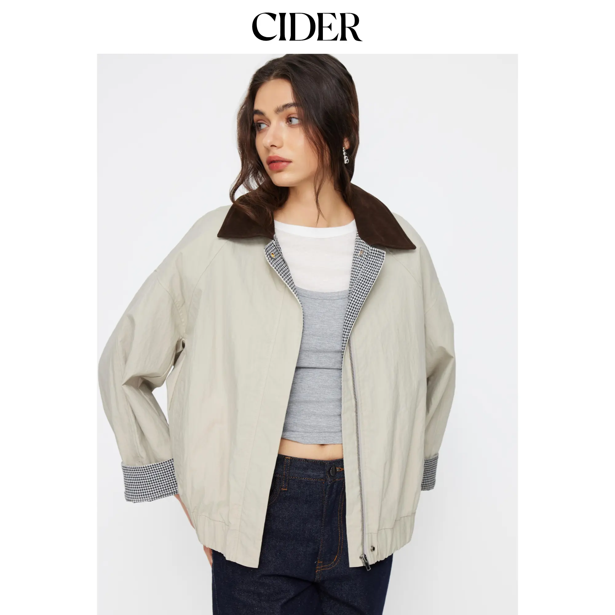 Cider Cotton-Blend Gingham Colorblock Collar Zip Through Oversized Barn Jacket SummerFinds