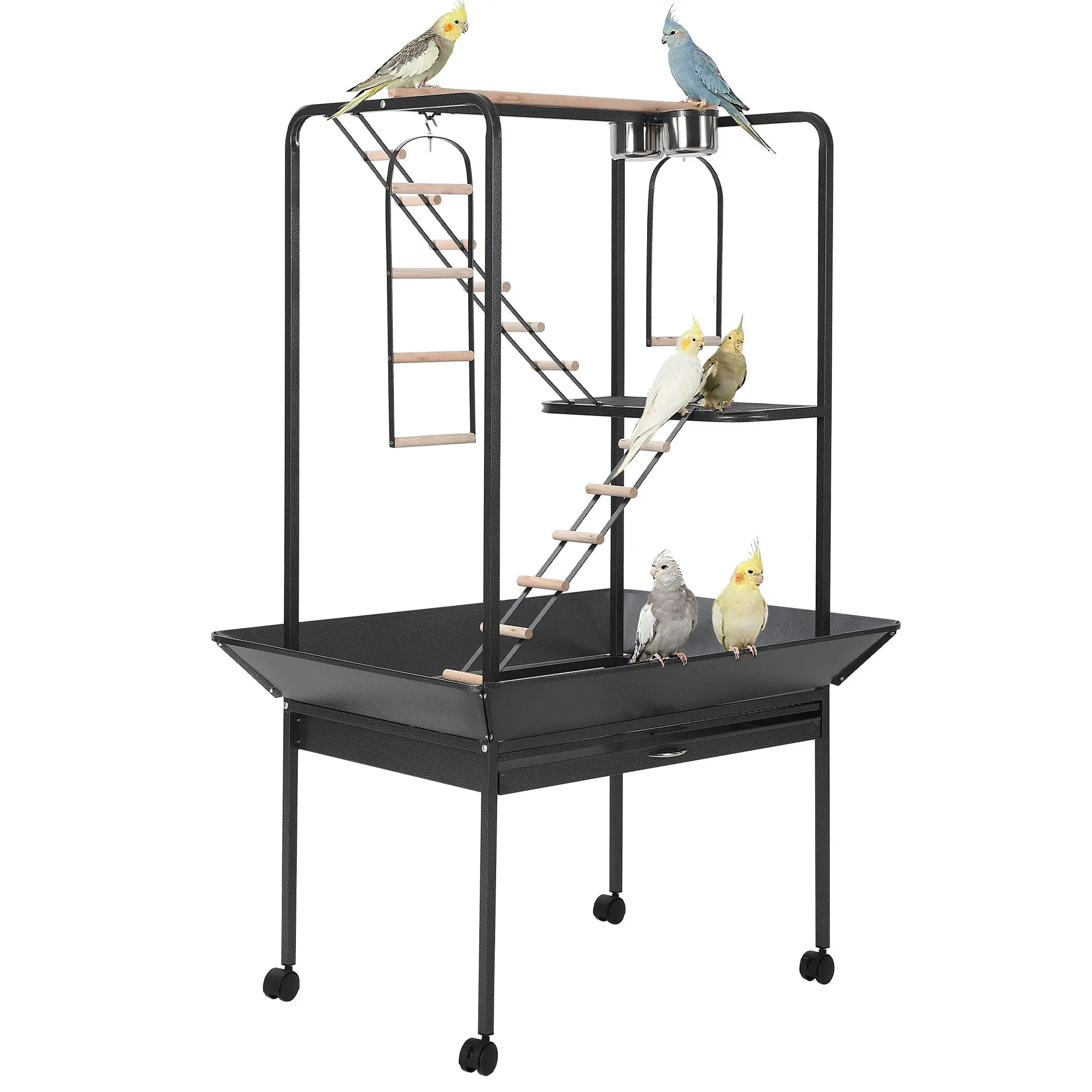 64" Bird Play Stand with Perches & Ladders – Heavy Duty Playground for Macaws & Large Parrots, Rotating Ring & Removable Tray, Locking Casters – Indoor/Outdoor