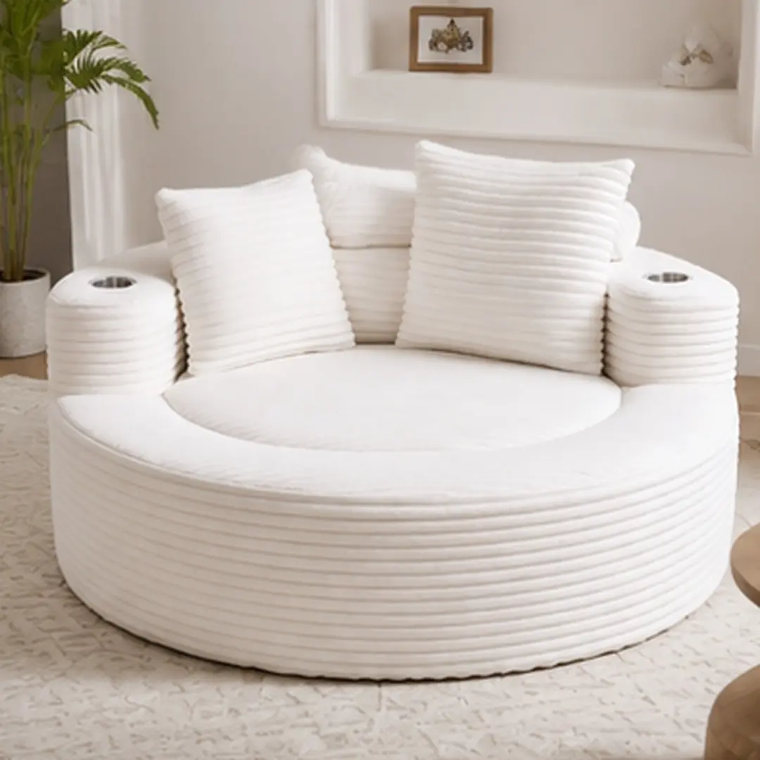 White Velvet Armless Round Combination Sofa Bed - Frameless Cloud Couch, Memory Foam+Spring Cushioning, 3 Neck Pillow Back Pillows, Cup Holder, No Assembly, 55.5x55.5x24in, for Living Room/Office