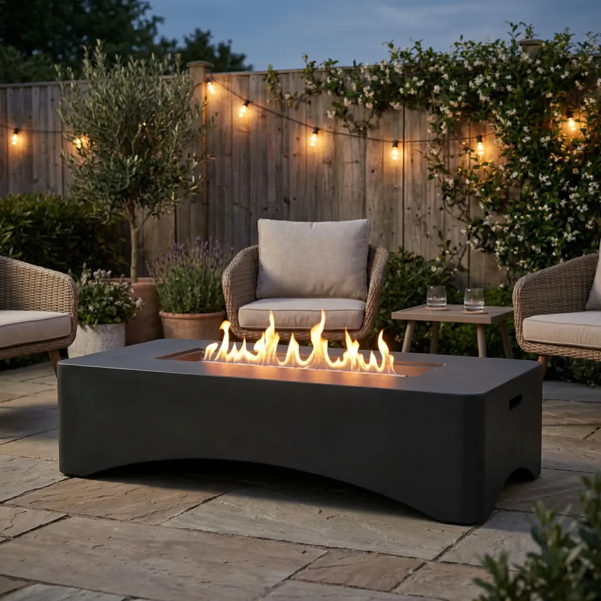 56" Propane Fire Pit Table, Rectangular Outdoor Gas Fire Pit 50,000 BTU, Modern Minimalist Fire Table for Patio Backyard Deck, Concrete Firepit with Waterproof Cover, Lava Rocks & Tank Seat –Dark Grey