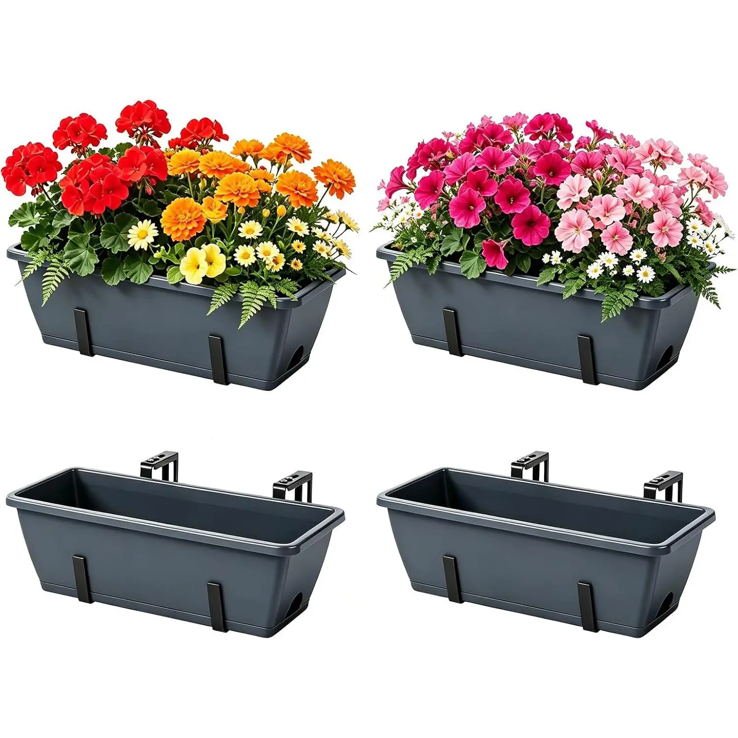 Deck Railing Planter Box 4 Pack Window Boxes Planters with Adjustable Brackets, 17 Inch  Flower Pots for  for Front Porch, Garden Fence, Apartment Patio Balcony Decor, Grey