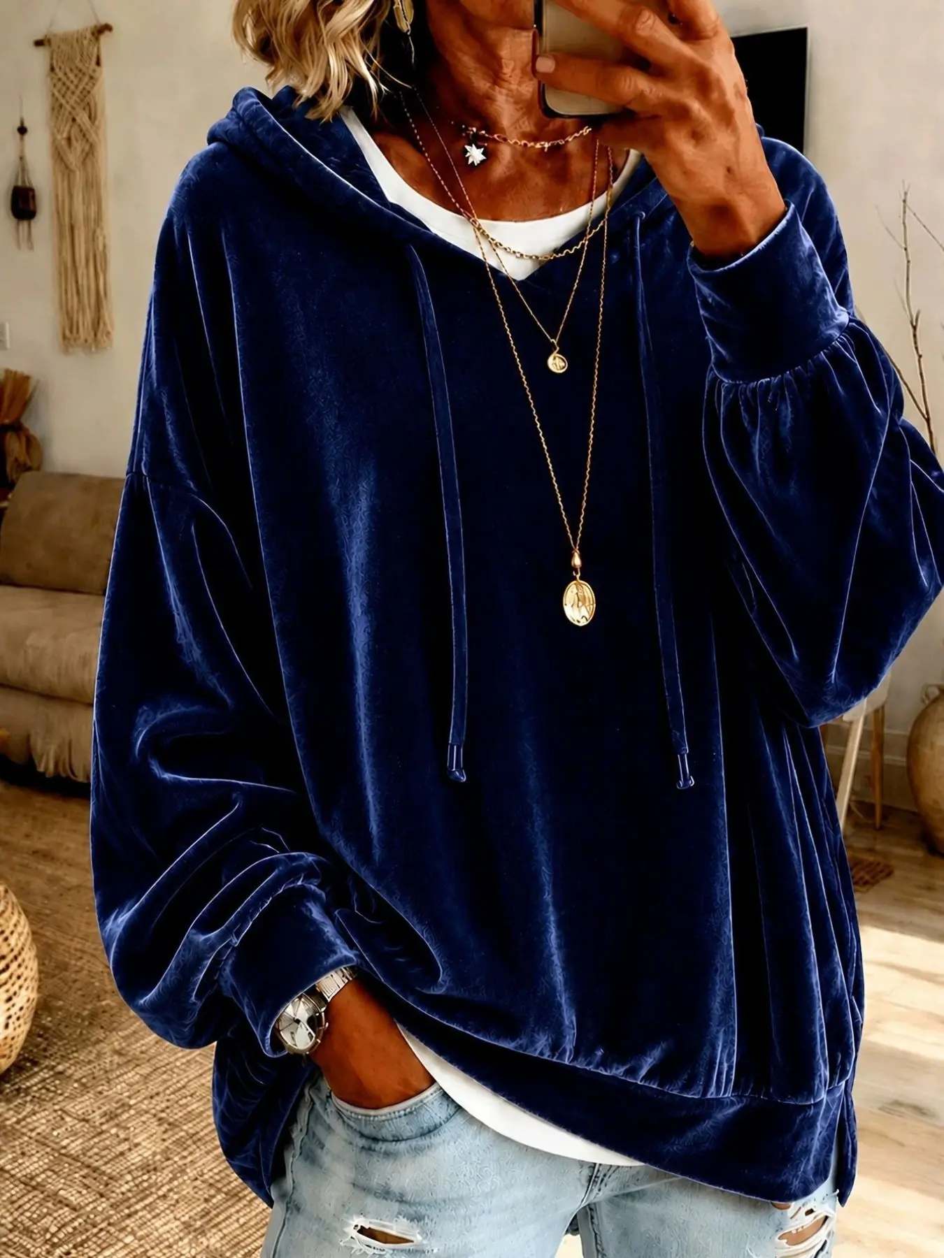 Women's Velvet Hooded Drawstring Sweatshirt, Loose Fit Long Sleeve Top, Suitable for All Seasons, Sweatshirt and Hoodie