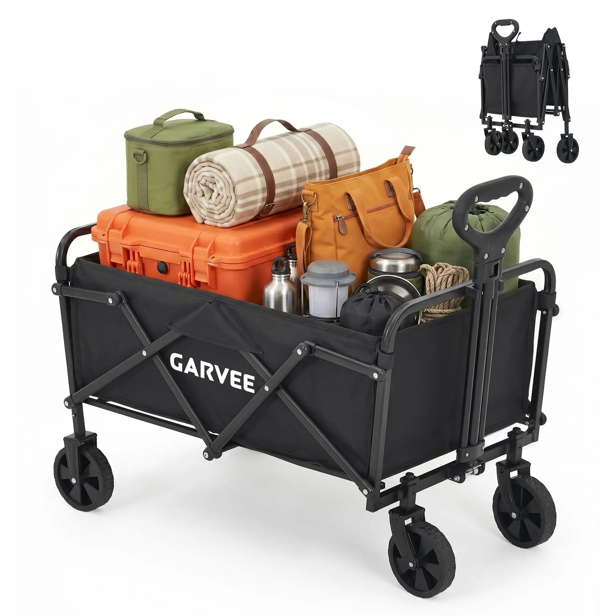 220lbs Heavy Duty Collapsible Wagon - Foldable Utility Cart with 360° Wheels & Adjustable Handle for Camping, Garden, Shopping & Beach