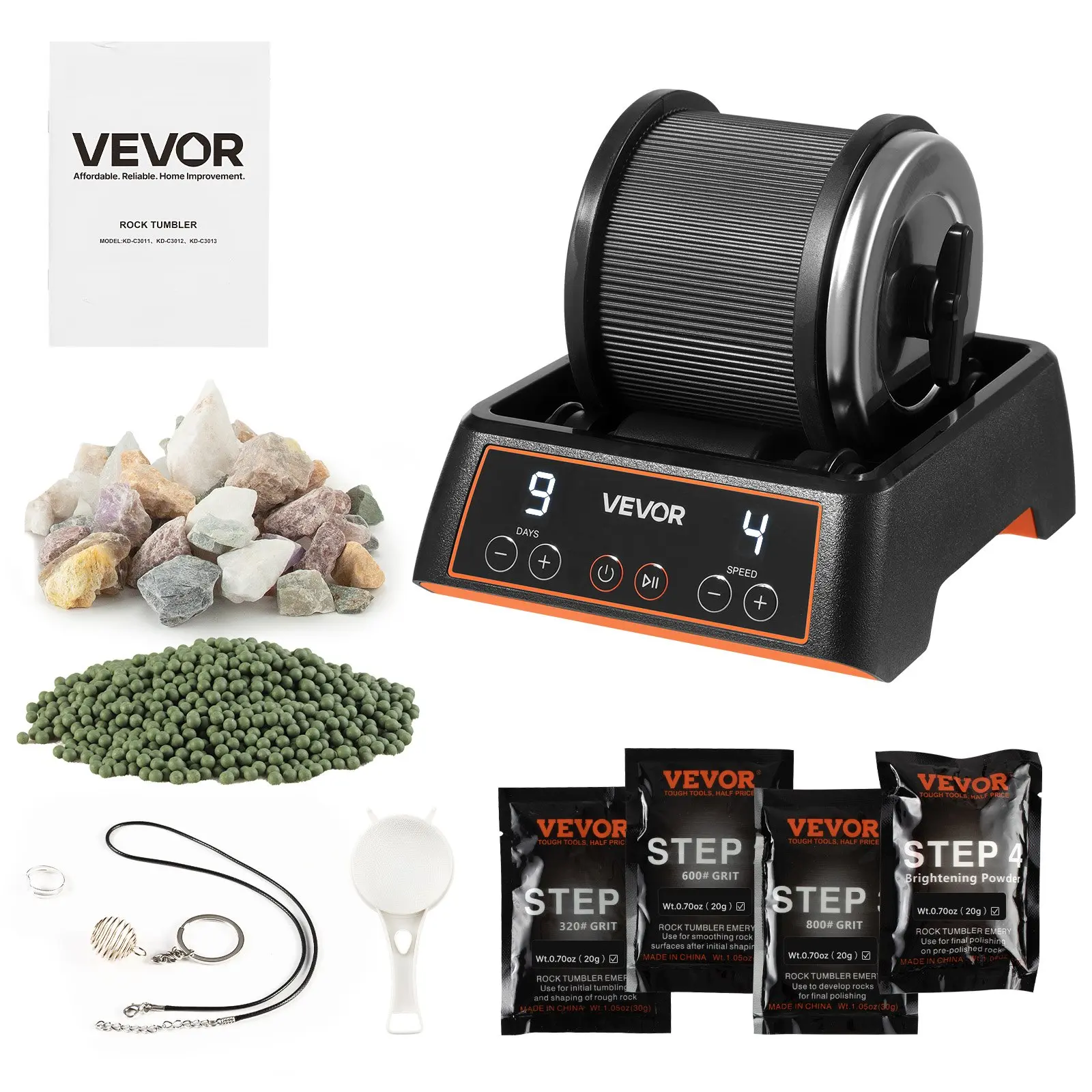 【DealsForYouDays】VEVOR Rock Tumbler, 1 lb Rock Polishing Machine, Rocks Tumbling Kit with 4-Speed Adjustment, 1–9 Day Timer, Direct Drive Motor Rocks Polishing Kit for Rose Quartz, Amethyst, Quiet Operation