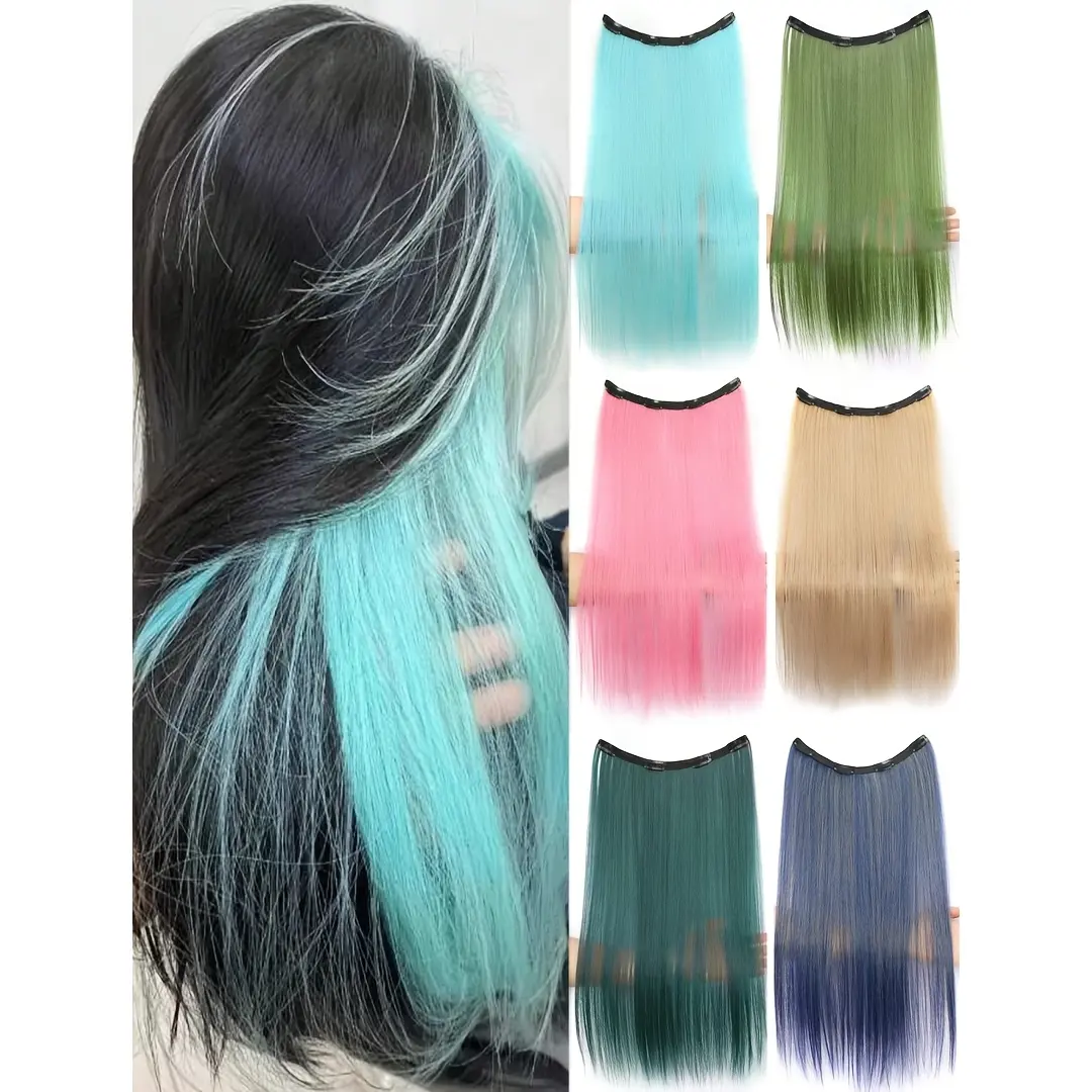 Women's Synthetic Long Straight Hair with Four Clips in Rainbow Colors, Halloween Two-Tone Highlight Invisible Hair Extensions