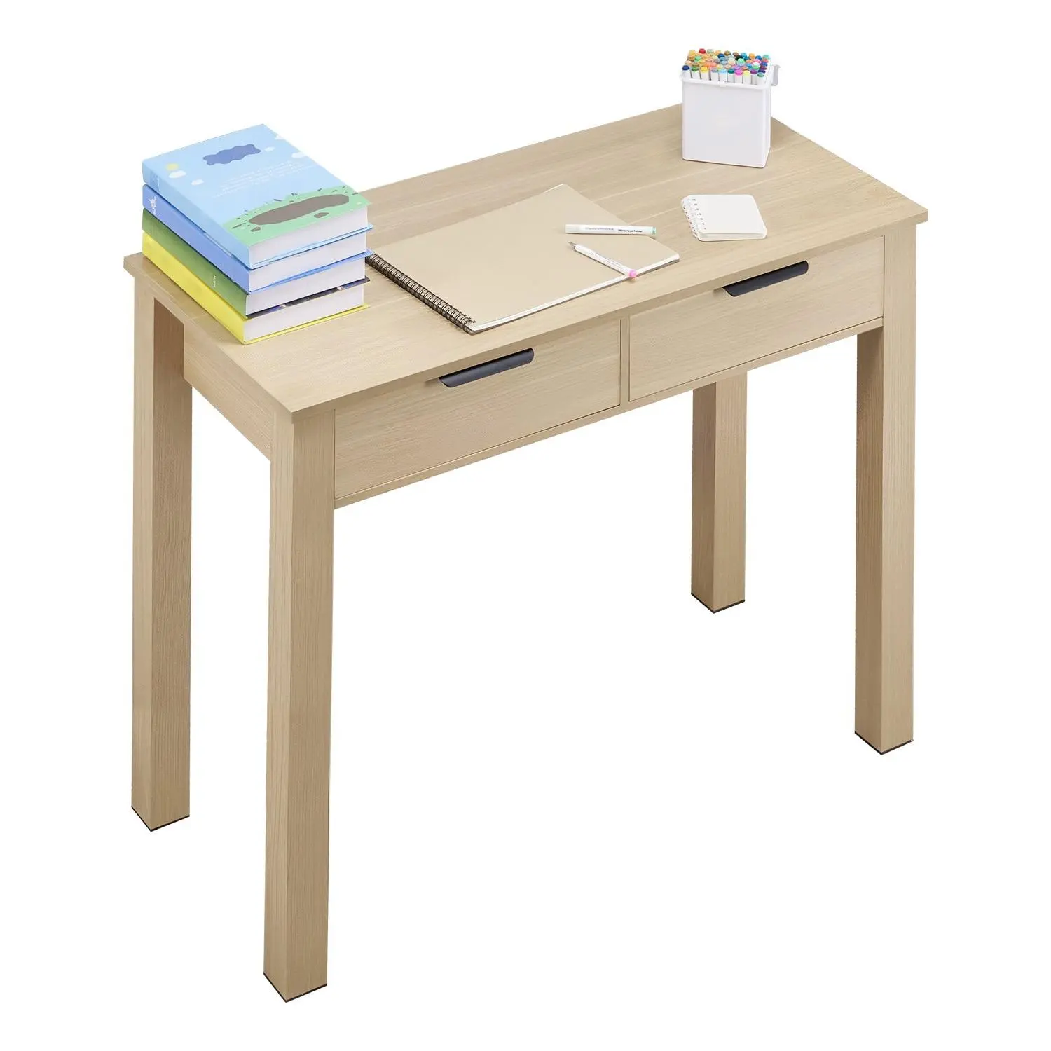 VEVOR Small Desk with Drawers, Kids Desk for Bedroom, Modern Simple Study Table for Drawing, Reading, Writing, Rectangle MDF Furniture Study Storage Table for Home, Office, Light Wood