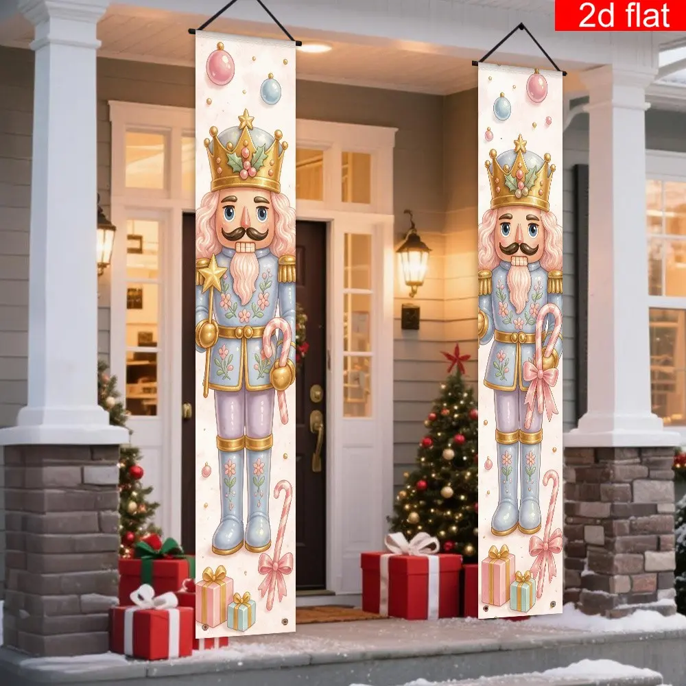 2D Christmas Banner Set, 2 Pieces, Polyester Material, Nutcracker Print, Front Porch Decoration, Festive Holiday Decorations