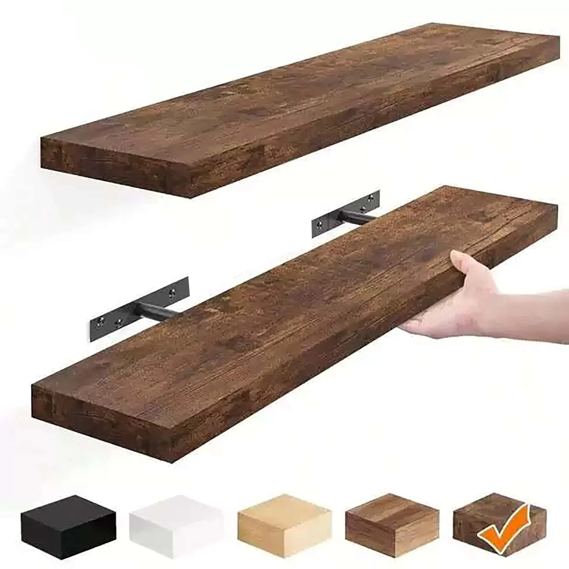 2PC Rustic Brown Wood Floating Wall Shelves (15.7×5.9 in) with Heavy-Duty Mounting Brackets, Wall-Mount Storage Organizer for Bedroom, Kitchen