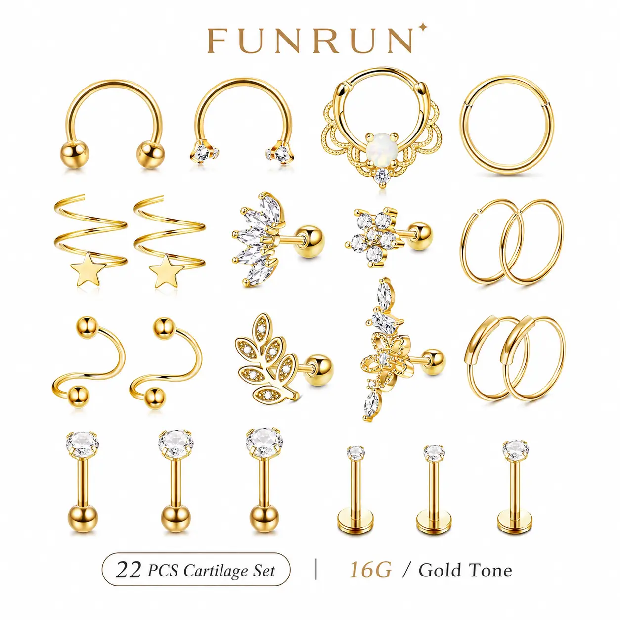 FUNRUN 22-Piece 16G Cartilage Earring Set, Gold-Tone Surgical Stainless Steel CZ Studs, Hoops, Cuffs and Horseshoe Rings for Helix, Tragus, Conch, Daith and Rook Piercings