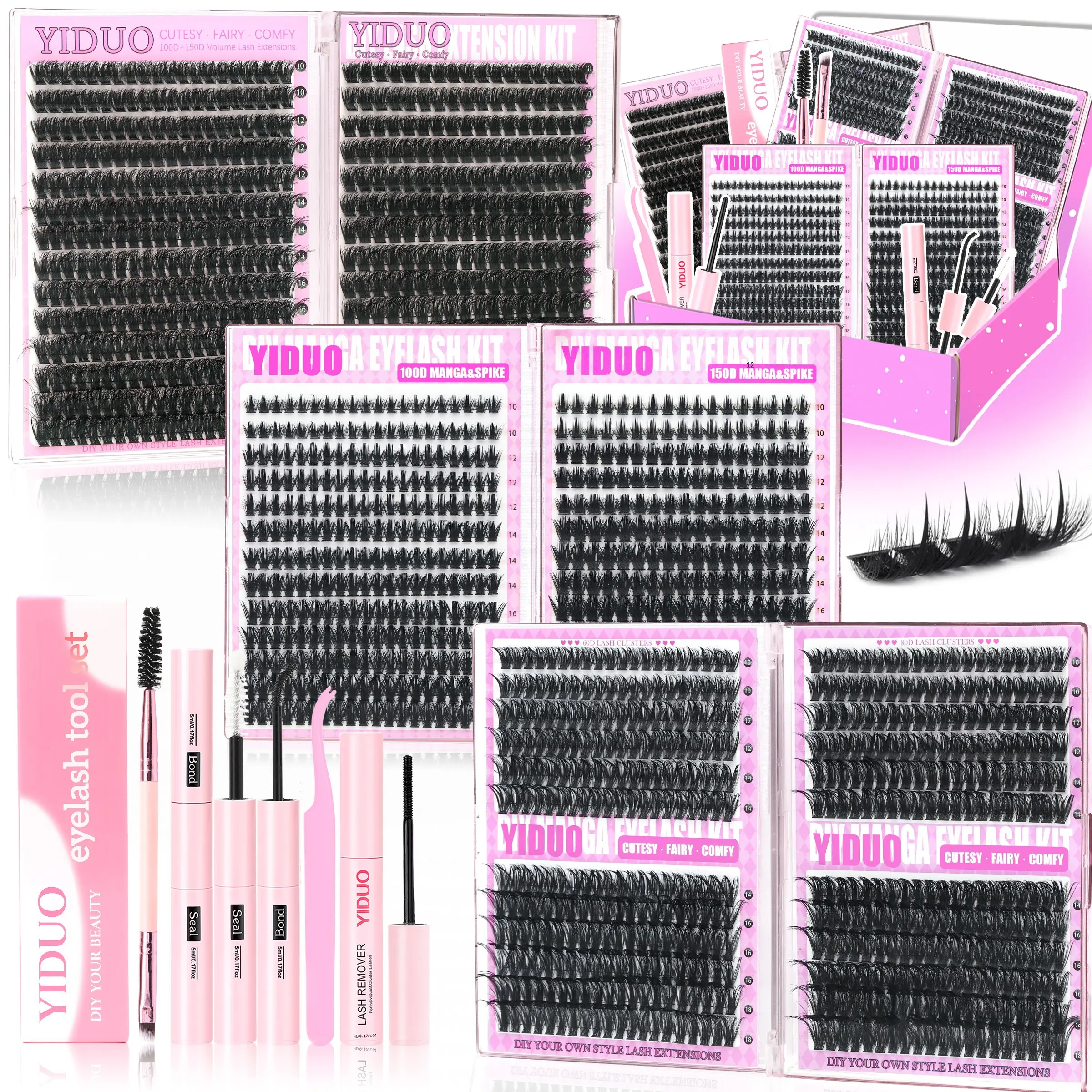YIDUO Complete Volume Lash Set – 1479 Pieces Including 60D+80D and 100D+150D Manga & Spike Lash Extensions, DIY Application Kit, Eyelash Extension Supplies, Comes with Glue, Sealer, Remover, Tweezers, and Spoolie Brush