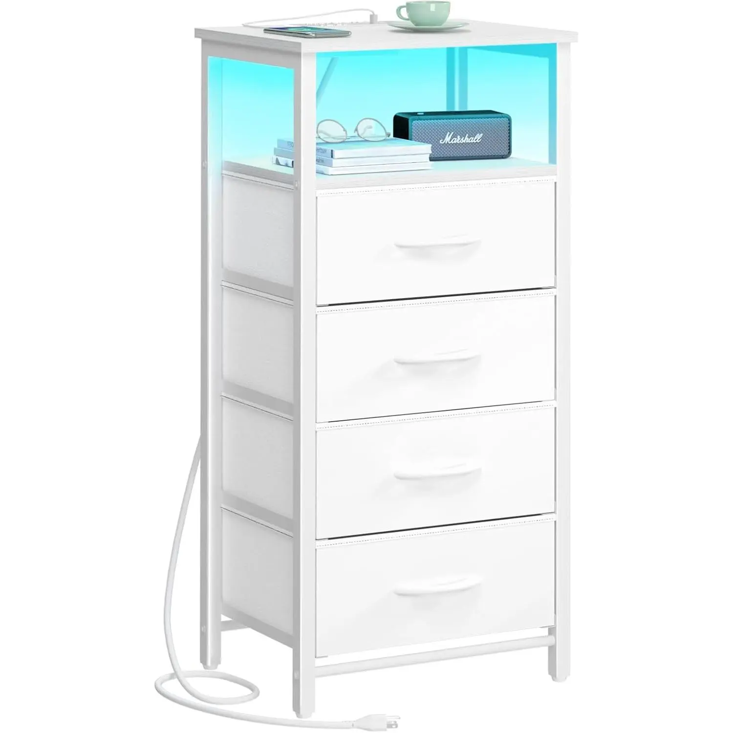 Night Stand - LED White Nightstand with Charging Station for Dorm | Bedside Table with 4 Storage Drawers and Storage Shelf, End Table with USB Ports and Outlets, Tall Nightstand for Bedroom