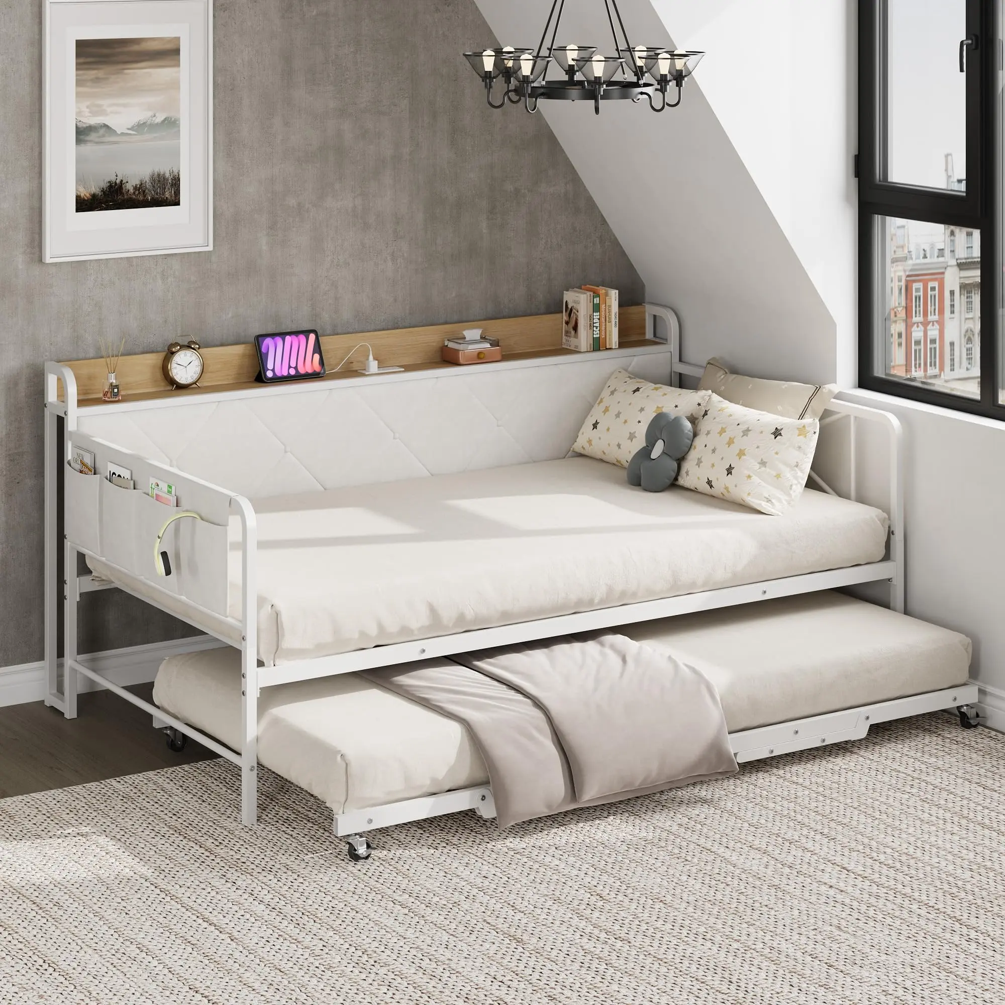 Summervibes Flash sale home items Modern Twin Upholstered Daybed with Pull-out Trundle & LED Lights, Headboard with Built-in Charging Station, Heavy-Duty Black Metal Frame Sofa Bed with Gray Linen Backrest & Vintage Side Panels for Bedroom, Bedframe