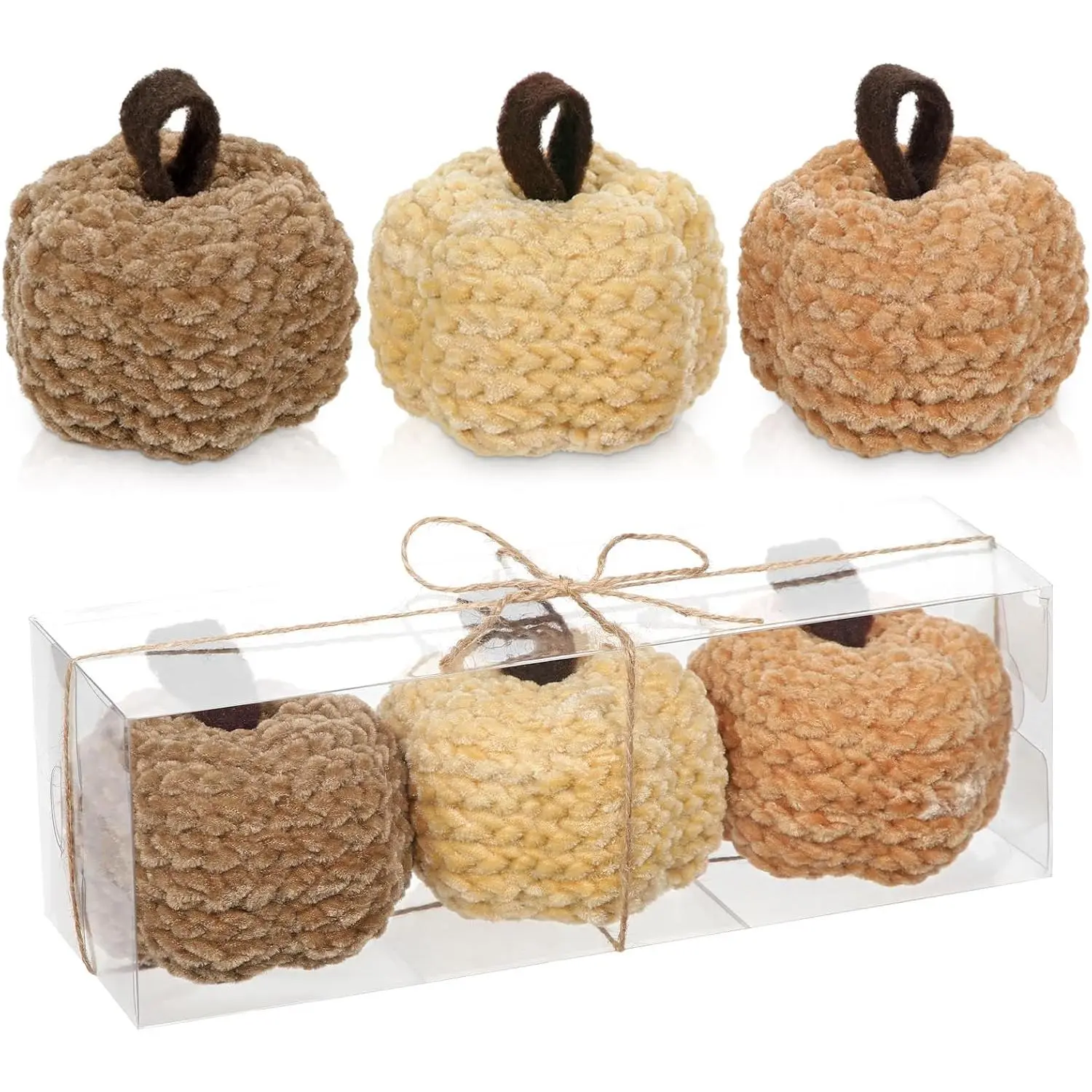 3 count Yarn Pumpkins with  Box, Fabric Pumpkins 3.5" Fall Plush Pumpkins for Tiered Tray Decor, Rustic  Thanksgiving Halloween Fall Decor for , Table, Kitchen, Shelf