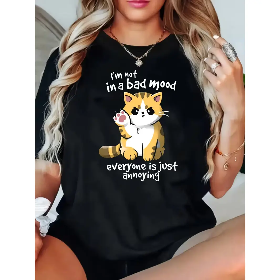 Womens Relaxed Soft Cotton Graphic T Shirt I’m Not In A Bad Mood Everyone Is Just Annoying Grumpy Orange Cat Printed Craft Cute Fashion womens summer clothing summer outfits women Breathable Summervibes Top Perfect Humor Gift For Her Girlfriend Wife Cat L