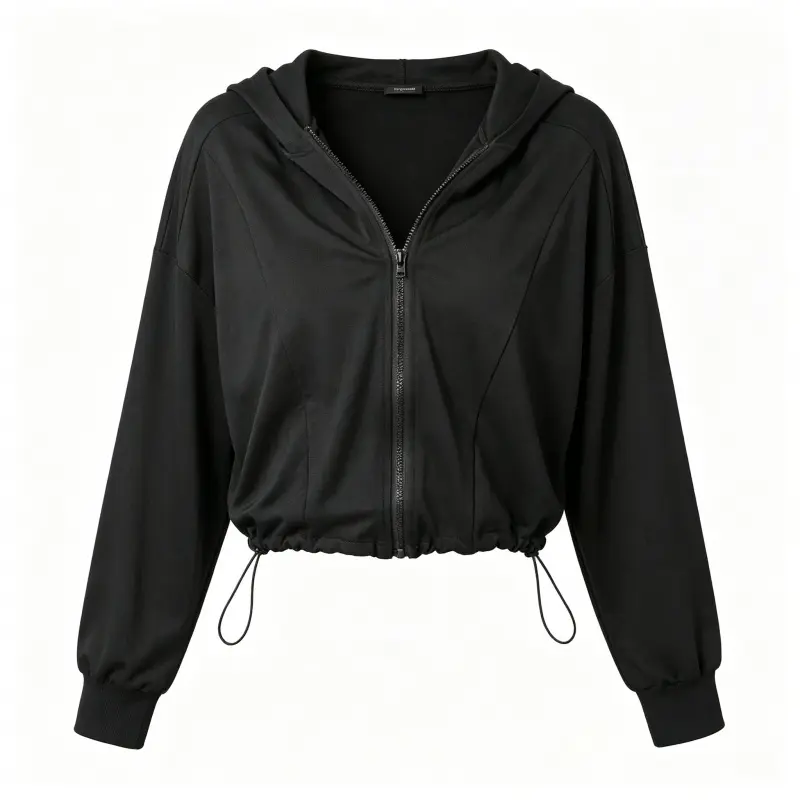 Women's Cropped Athletic Jacket, Lightweight Knit Zip Up Hoodie with Adjustable Drawstring for Yoga & Streetwear, Women's Clothes, Female, Loose Fit, Plus Size, Athletic Wear, Cropped Hoodie, Sporty Chic, Elastane, Drop Shoulder, Multi-Size, Plus Size Fas