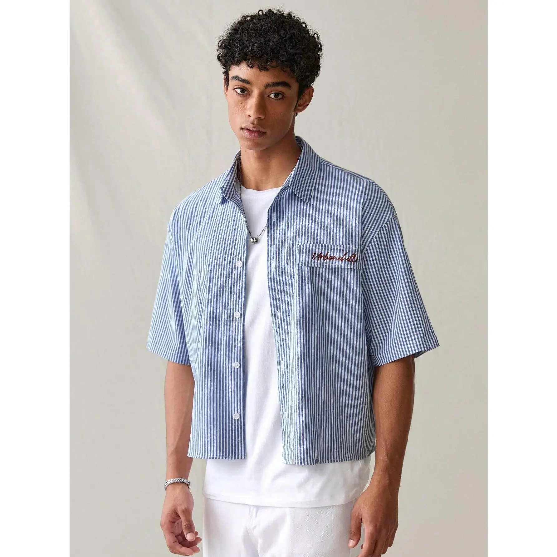 Men's Striped Knitted Casual Fashion Shirt, Soft Short Sleeve Button-Up Top with a Loose Boxy Cropped Fit for Summer Streetwear, Button Up Shirt, Fabric, Male Clothing, Graphic Striped Men's Short-Sleeve T-Shirts