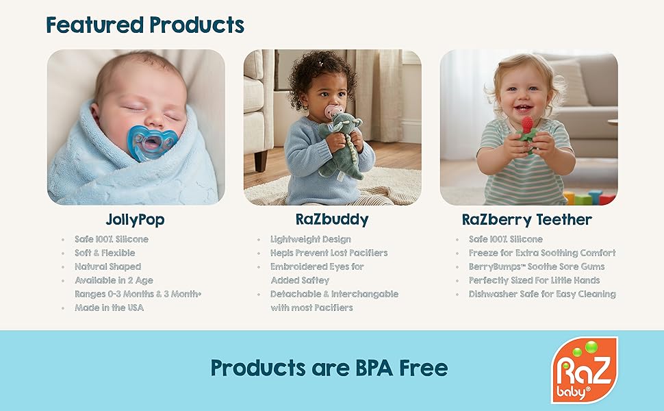Pacifier, Holder w/Detachable Baby Pacifier, Stuffed Animal RaZbuddy, All Ages 0M+, 100% Medical Grade USA Made Silicone, Machine Washable, Textured & Easy to Hold – Lab