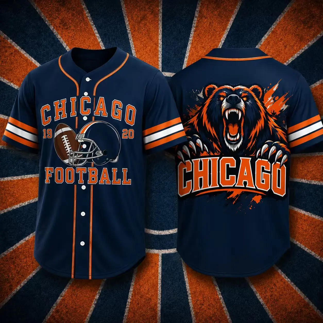 Men's Chicago Football Jersey Shirt, Navy Blue Button Down Fan Shirt with Helmet and Bear Graphic, Short Sleeve Game Day Outfit for Men, Chicago Streetwear Baseball Style Shirt, Tailgate Party Wear, Football Fan Gift and Casual Jersey Tee, Sports Top
