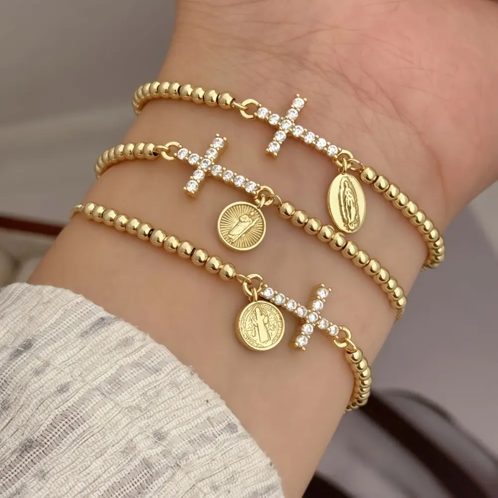 14K Gold Beaded Bracelet Dainty Micro Pave Zircon Sideways Cross Bracelet With Virgin Mary Medal Charm Light Luxury Retro Stackable Jewelry Daily Party Birthday Anniversary Gift For Women Girls Her