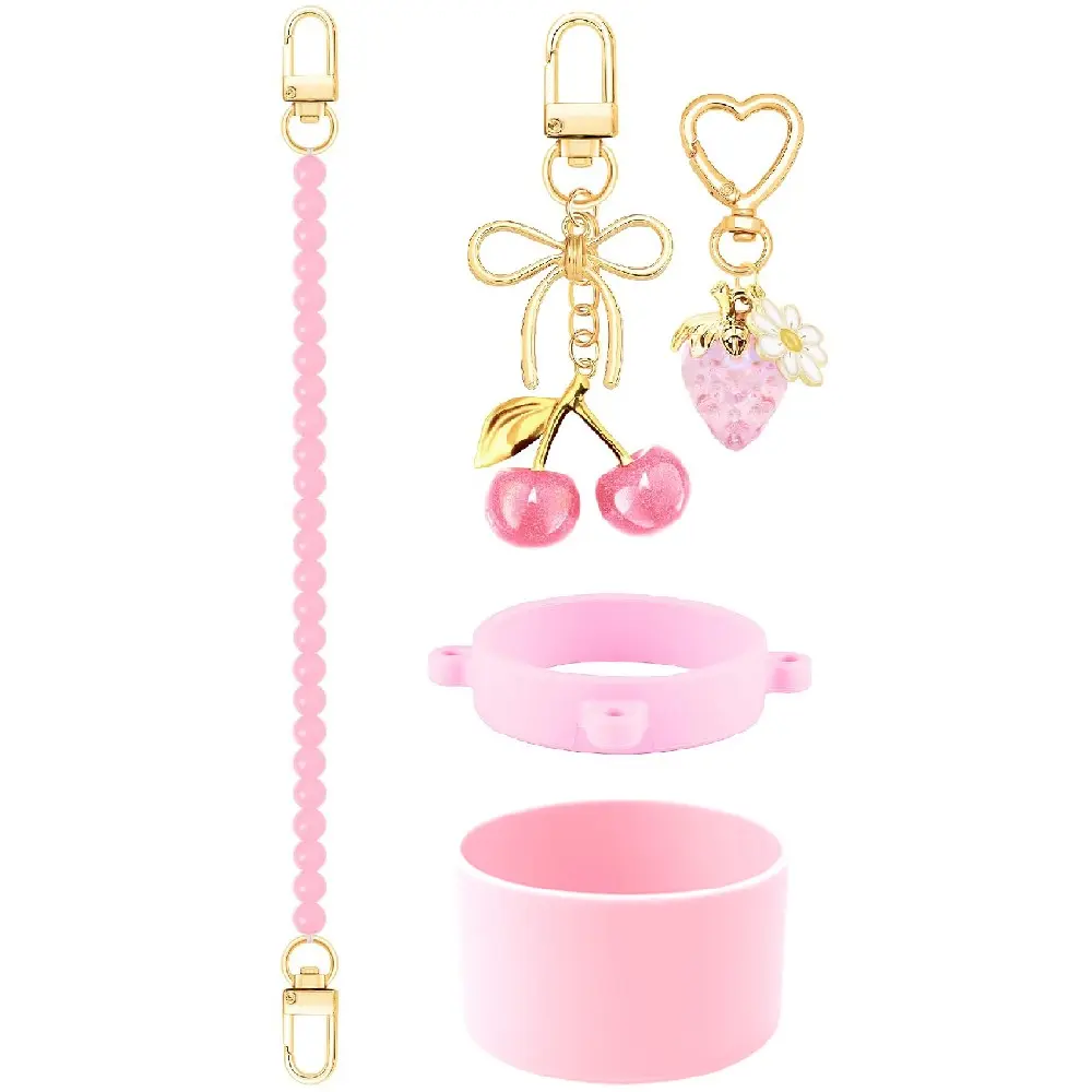 5pcs Tumbler Accessories Set for 16oz 19oz 40oz 30oz Cups, Silicone Protective Boot, Handle Bead Chain, Cherry Strawberry Charm, Cup Decor Kit