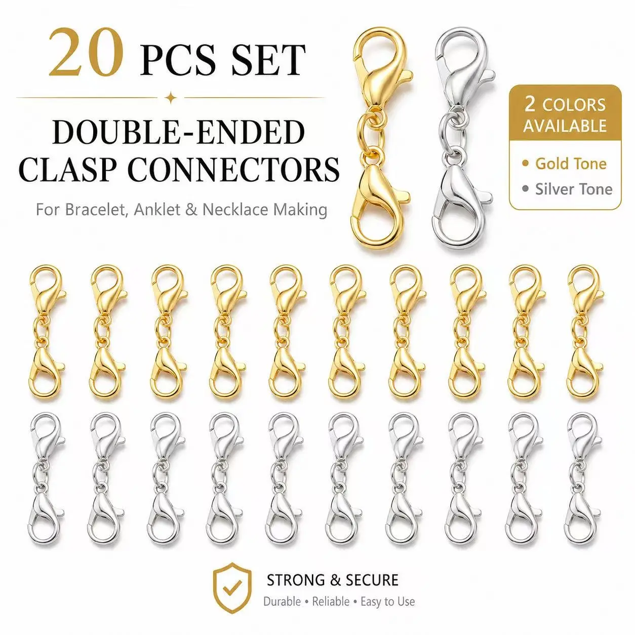 20pcs Dual-Head Lobster Clasps for DIY Bracelets, Necklaces, Anklets, Jewelry Connectors, Tail Clips, Accessory Parts