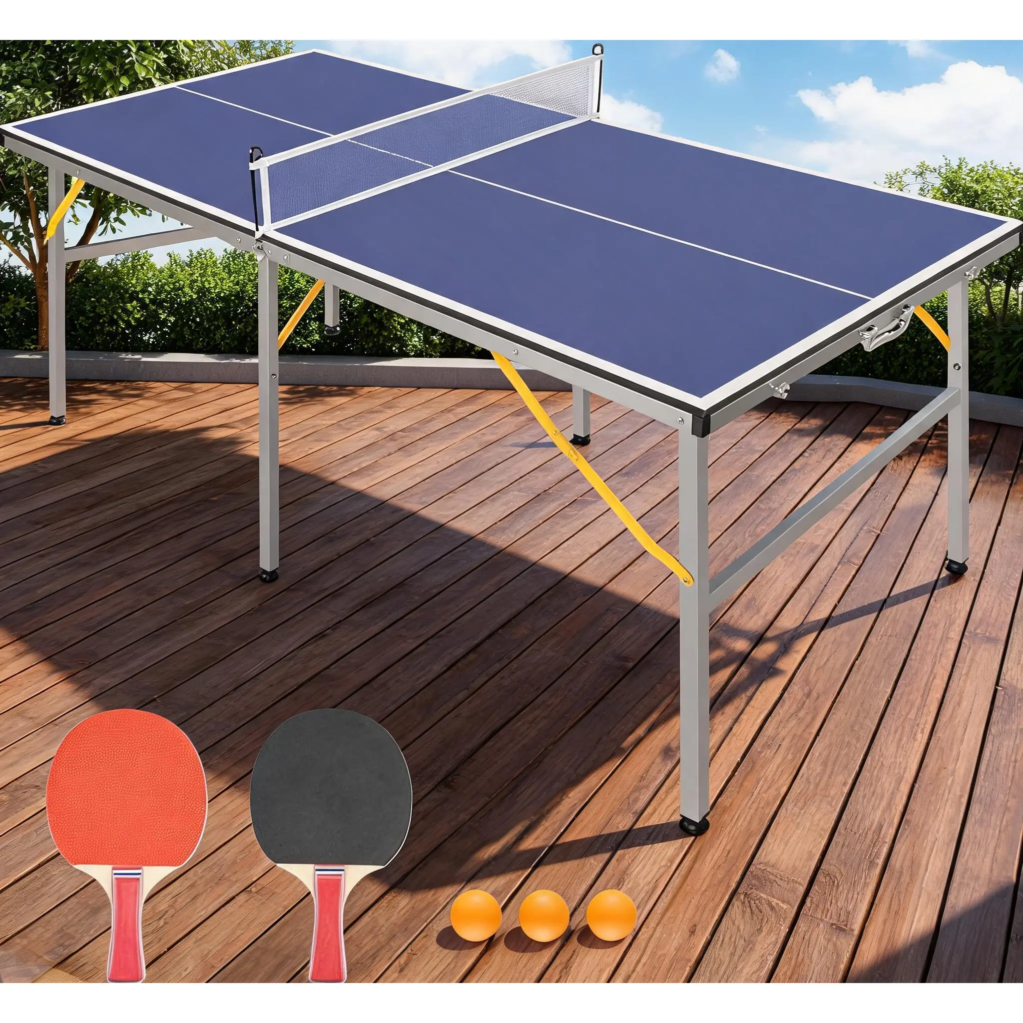 6x3ft Portable Folding Ping Pong Table, Compact Indoor & Outdoor Table Tennis Set with 12mm MDF Surface, Fast Assembly, Complete with Net, 2 Paddles and 3 Balls