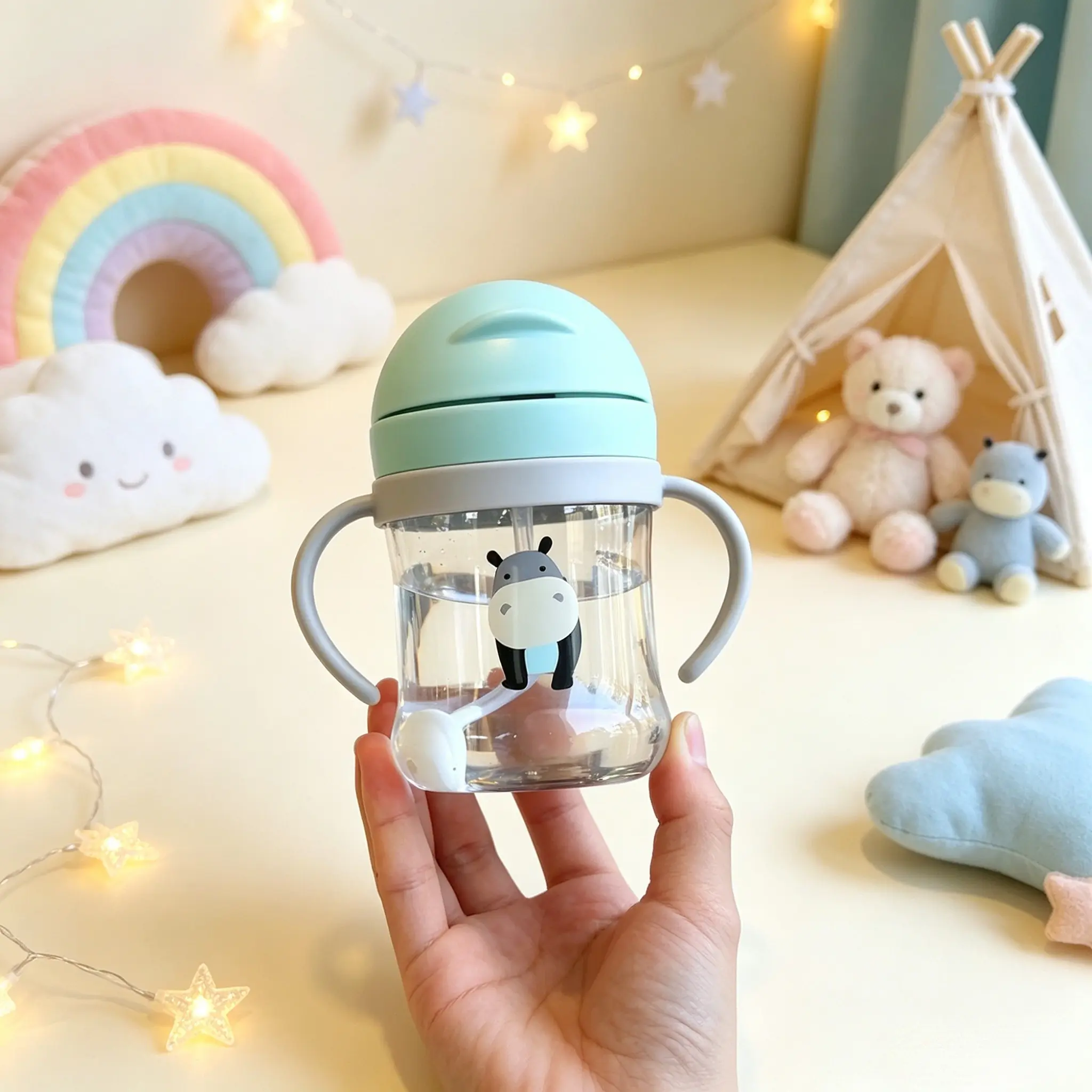 Cartoon Hippo Print Baby Sippy Cup 250ML, Anti-Choking Straw, Gravity Ball Water Bottle, Leak-Proof with Handle, Ideal for Daily Use, Toddler Cup with Straw, Straw Sippy Cups, Leakproof Sippy Cup