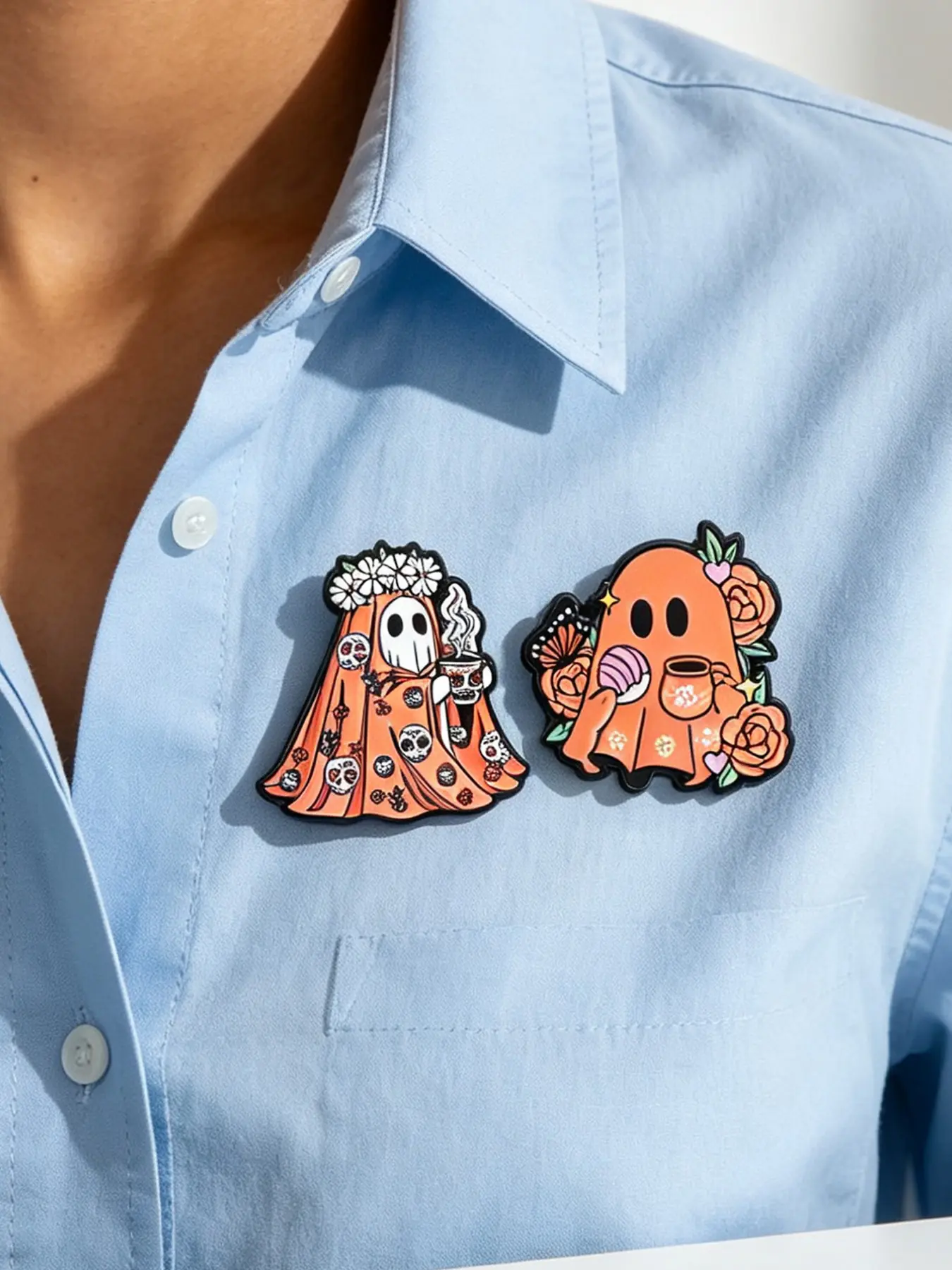 2Pcs Cute Orange Ghost Enamel Pins Halloween Skull Flower Brooches