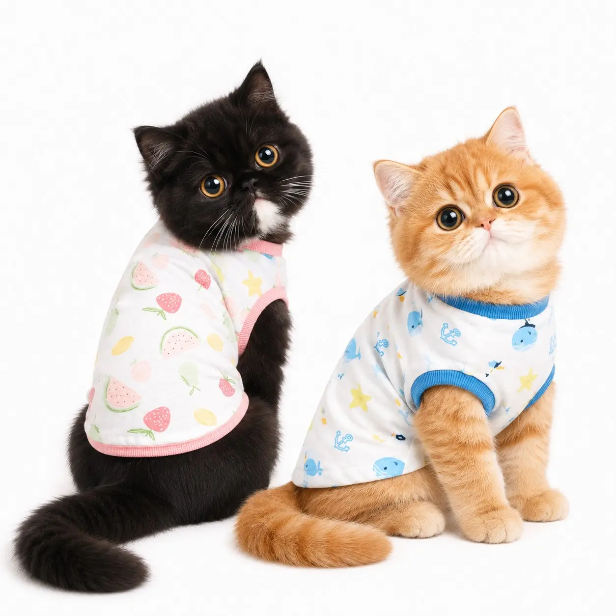 KOOGAL cat clothing, cute fruit-print Kitty cat T-shirt, soft cat pajamas, suitable for both kittens and adult cats as an indoor base layer, in pink and blue colors, sizes S-L (2-16 pounds)