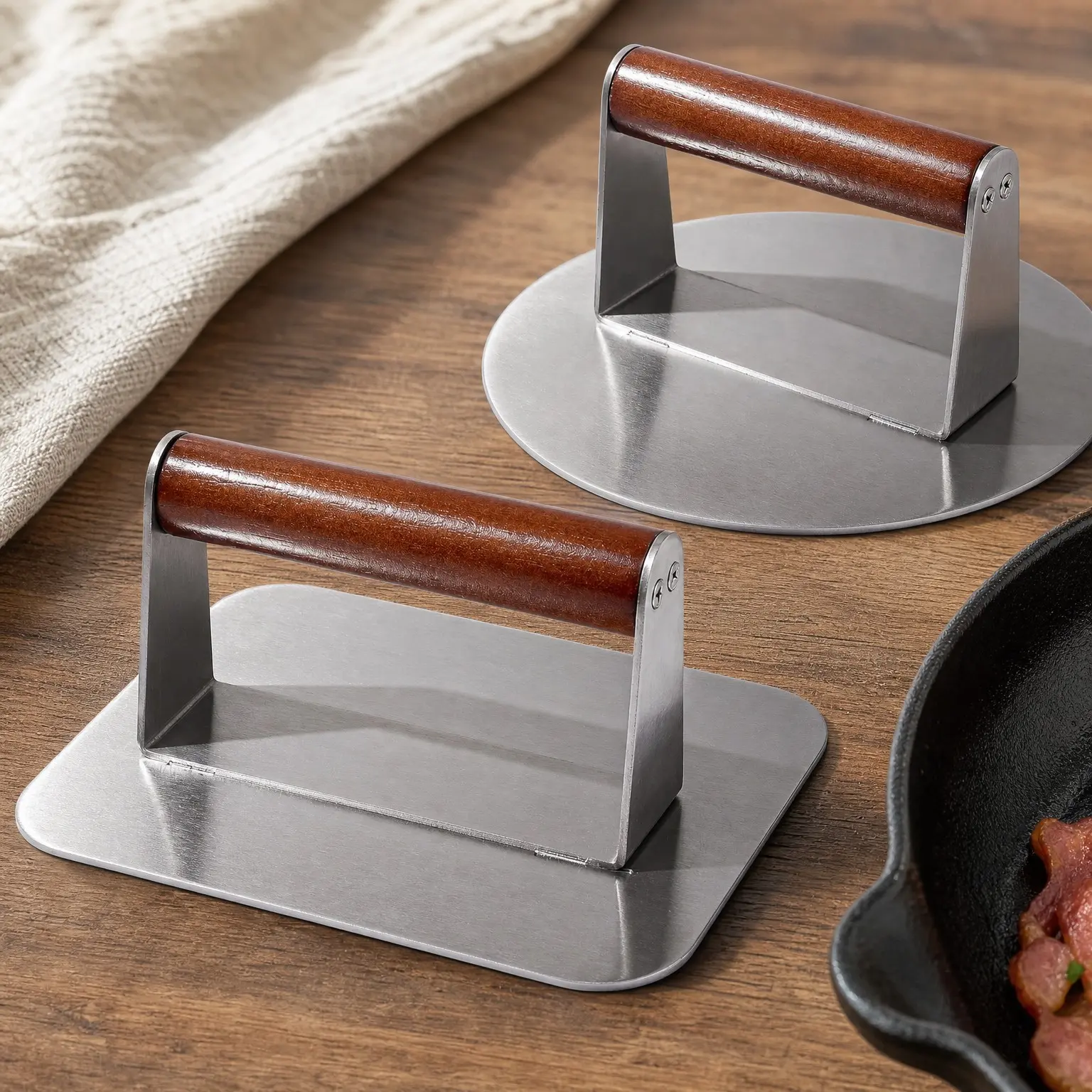 2 Pack Stainless Steel Smash Burger Press with Real Wood Handle - 7 Inch Bacon Press, Grill Press & Meat Smasher for Griddle Flat TopGift