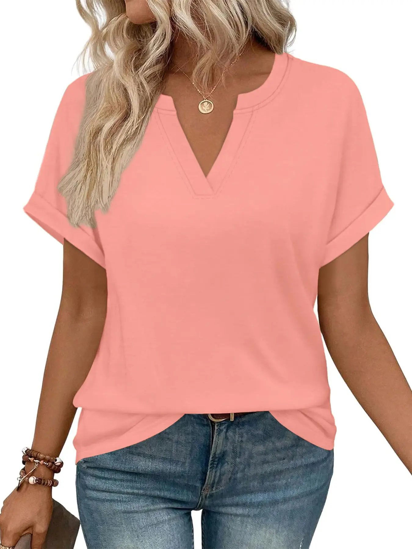 Summer Essential! Women's Solid Color Crew Neck V-Slit Loose Tee, Breathable Urban Casual Top for Workout & Everyday Wear