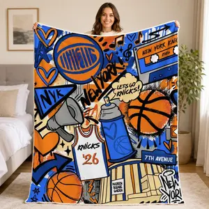N Y Basketball Throw Blanket, Blue Orange Sports Fan Fleece Blanket, Cozy Gift for fans