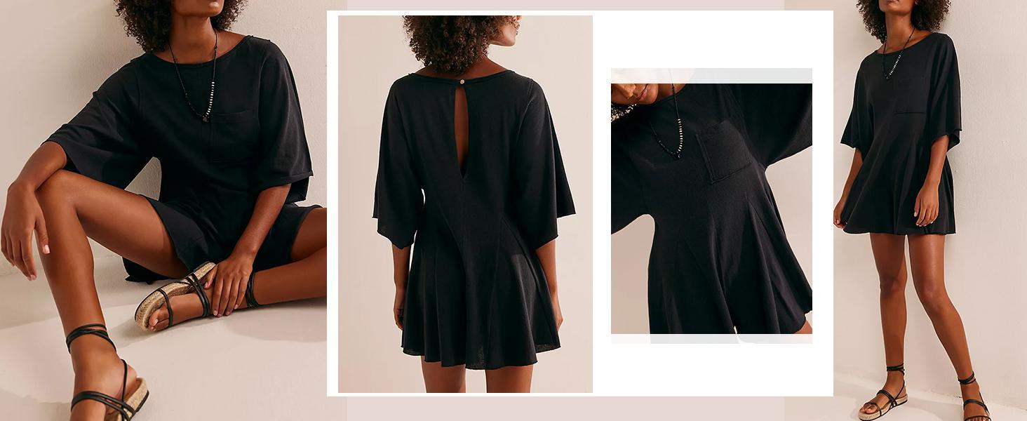 Imily Bela  Rompers for Women 2025 Spring Outfits Summer Casual Short Sleeve Crew Neck Loose Jumpsuits with Pocke