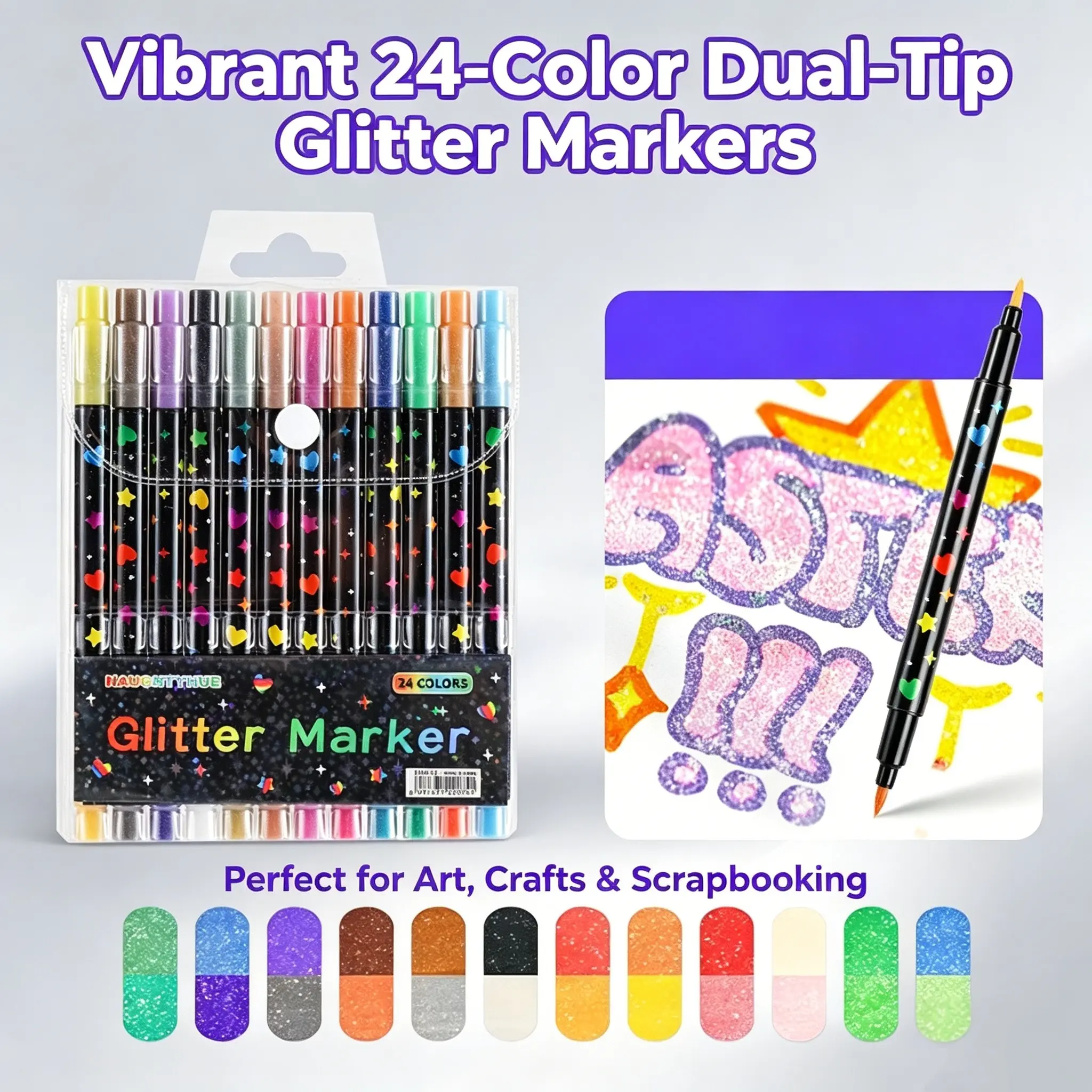 12pcs Double Headed Dual Color Glitter Soft Brush Markers Art Graffiti Fluorescent Pen Blendable Watercolor No Bleed Through for Comic Manga Journaling DIY Album Card Collage Craft Birthday Christmas Valentine New Year Easter Gift