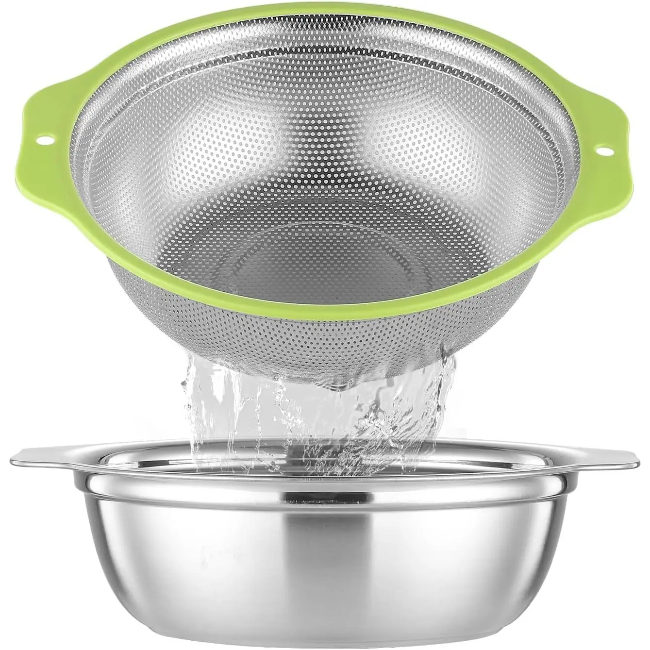 Colander Stainless Steel Microporous, 2QT Rice Strainer with Mixing Bowl, Rice Washer Bowl Set with Handle, -Grade Strainers and Colanders for Kitchen, Pasta, Fruit, Dishwasher Safe