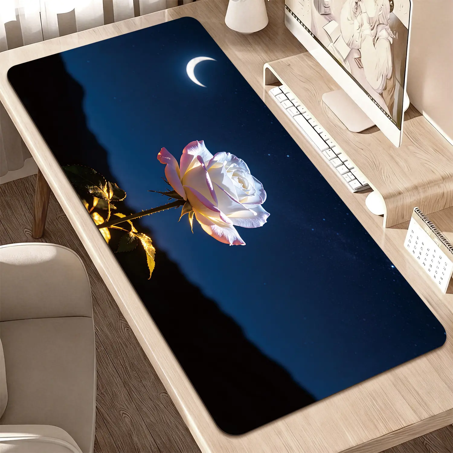 Premium White Rose Under Moonlit Night High Quality Mouse Pad Modern Office Gaming Comfort Experience NonSlip Durable For Daily Work And Play 40*80cm 70*90cm30*70cm