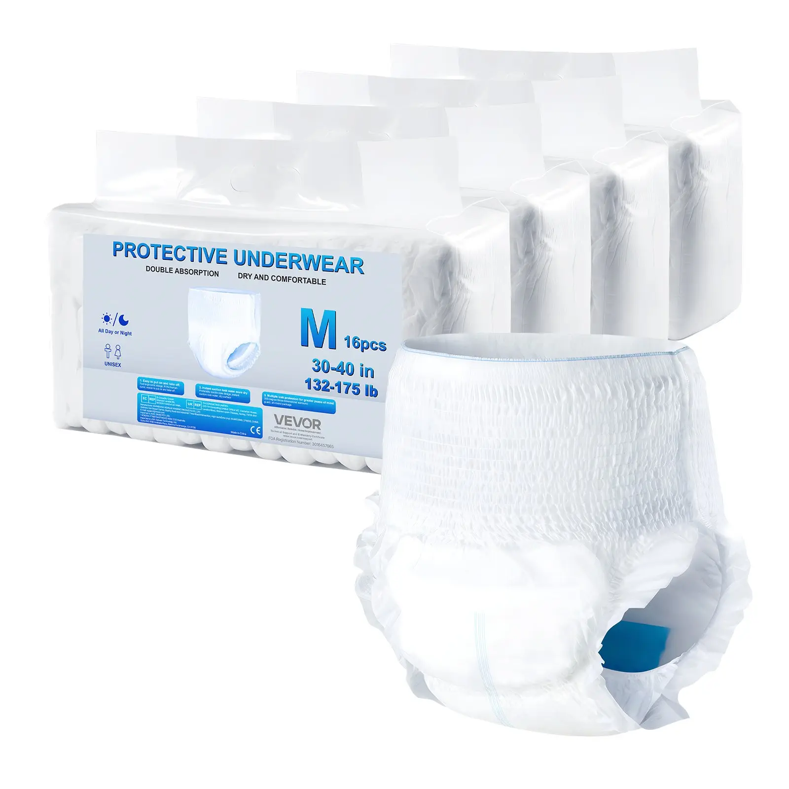 VEVOR Adult Incontinence Underwear, High Absorbent Protective Underwear for Men & Women, Disposable Adult Pull-ups Diapers with Leakproof Leg Cuff & Wetness Indicator - M Size, 64 Count (4 Pack of 16