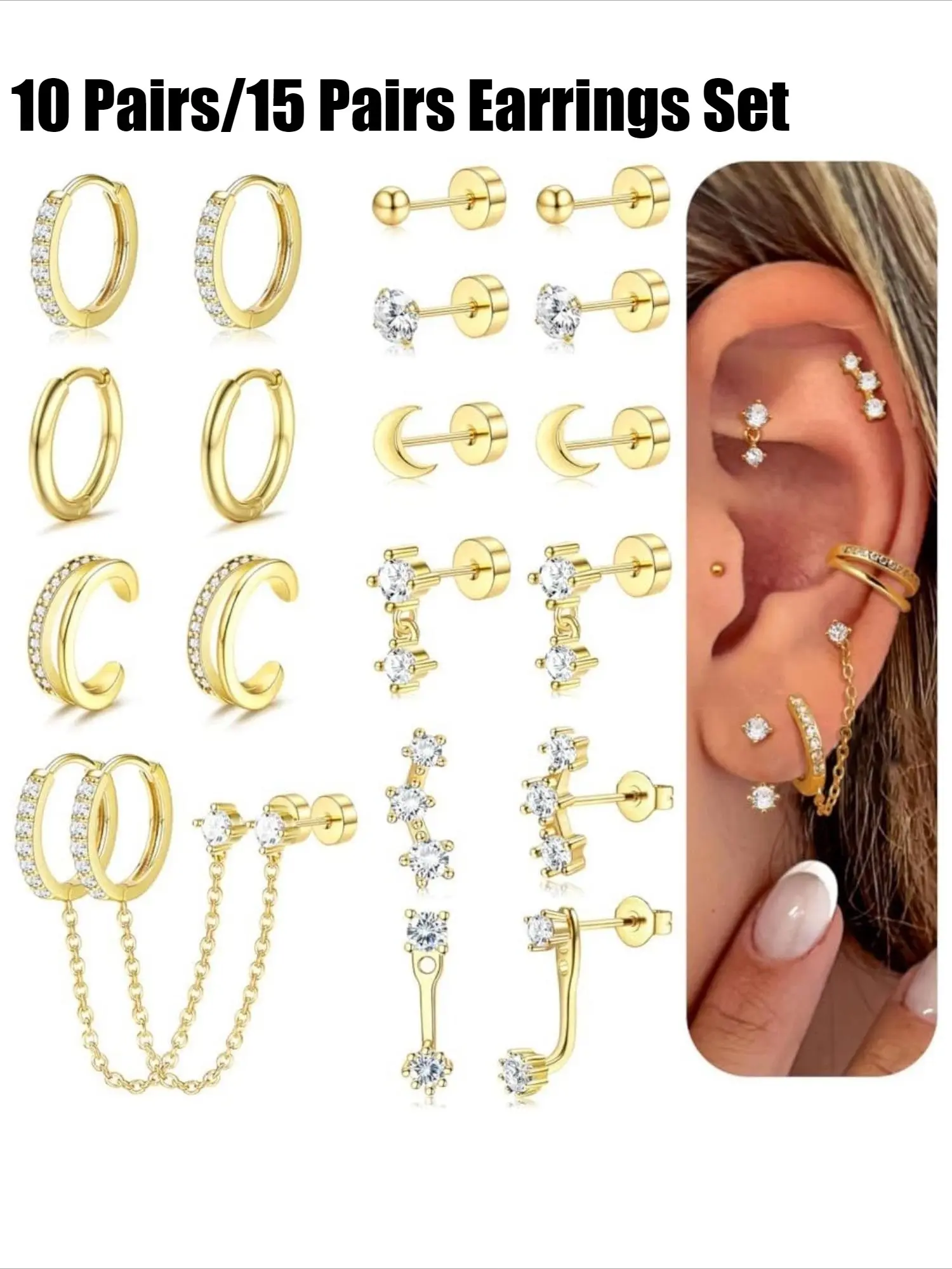 Women's Small Gold Earrings, 20pcs Hypoallergenic 20G Surgical Stainless Steel Flat-Back Stud and Hoop Cartilage Earrings Set, Dainty Stackable Multiple-Piercing Earrings