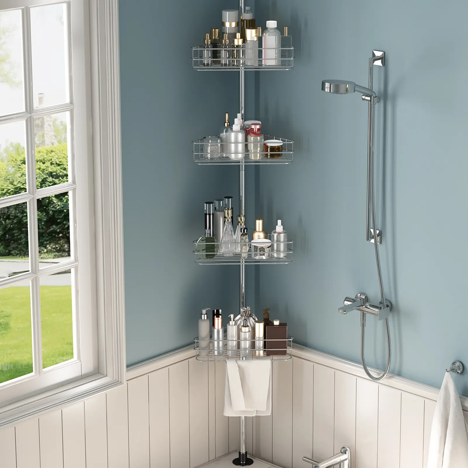Tension Pole Shower Caddy, Corner Shower Caddies with 4 Basket Shelves and Built-In Towel Bars, Rustproof Bathroom Shower Organizer Adjustable 75.6 to 110.4 Inch