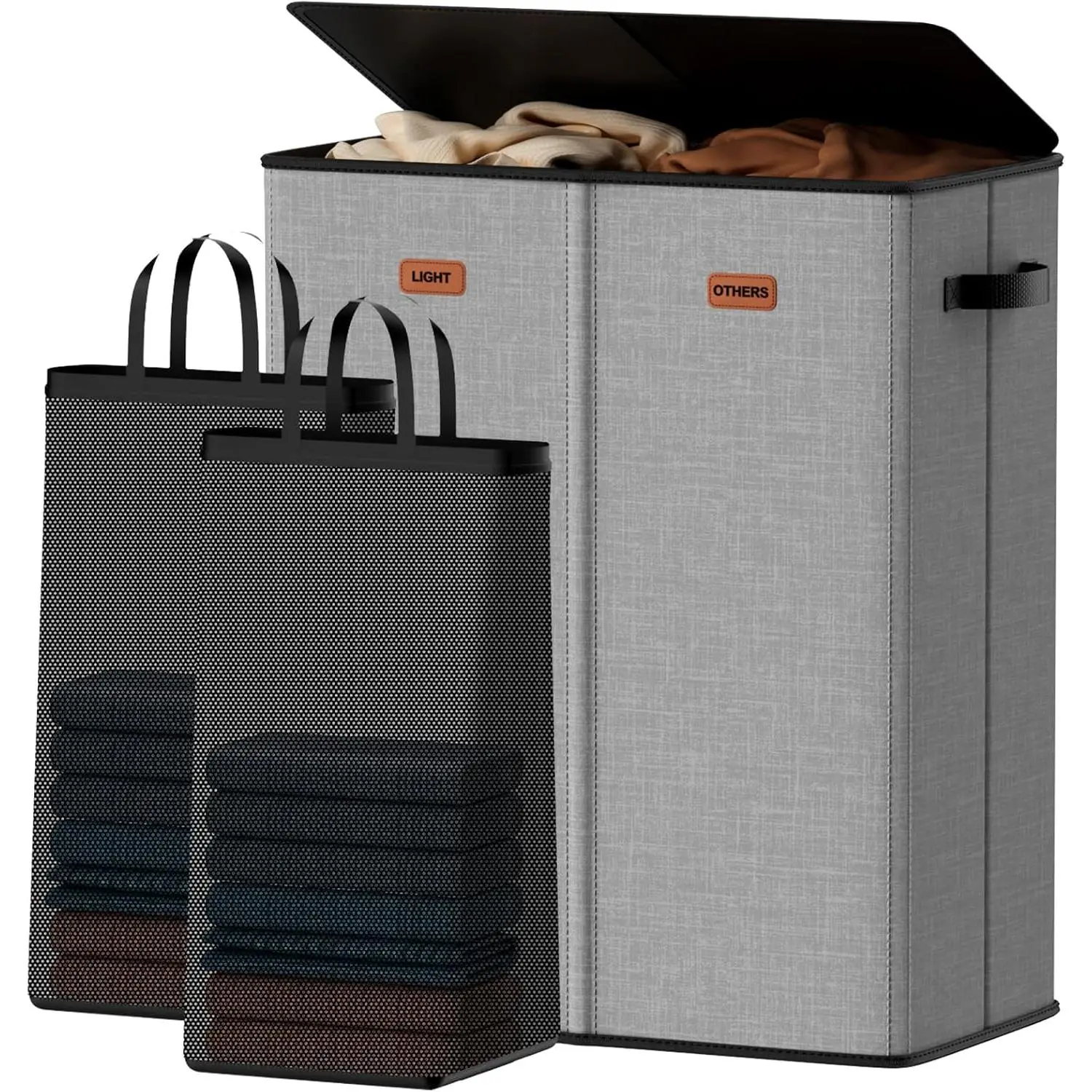 150L Double Laundry Hamper With Lid, Large Clothes Hampers with Removable Bag, Laundry Hamper 2 Section for Bathroom, Bedroom, Laundry Room, Dorm, Grey