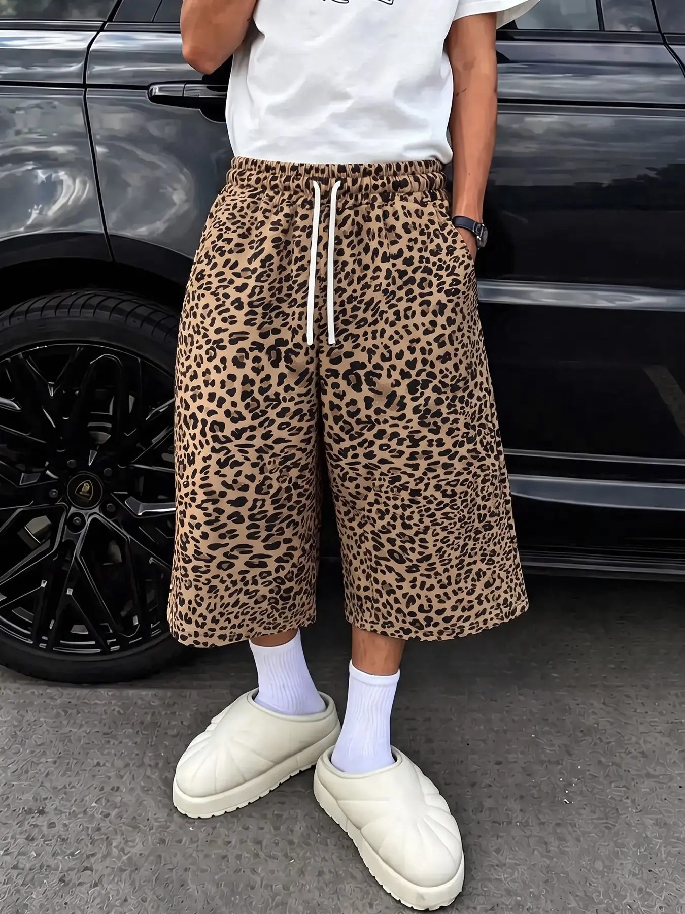 Men Leopard Print Drawstring Oversized Wide Leg Cropped Capri Sweat Pants, Elastic Waist Calf-Length Y2K Casual Street Trousers for Daily Wear